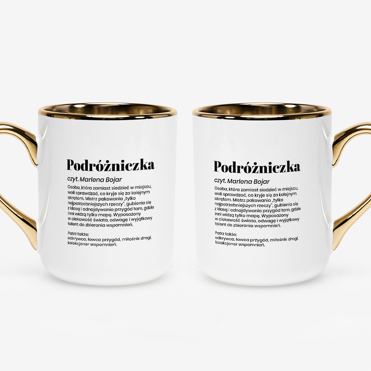 Biało-złoty kubek dla podróżniczki - prezent personalizowany dla niej