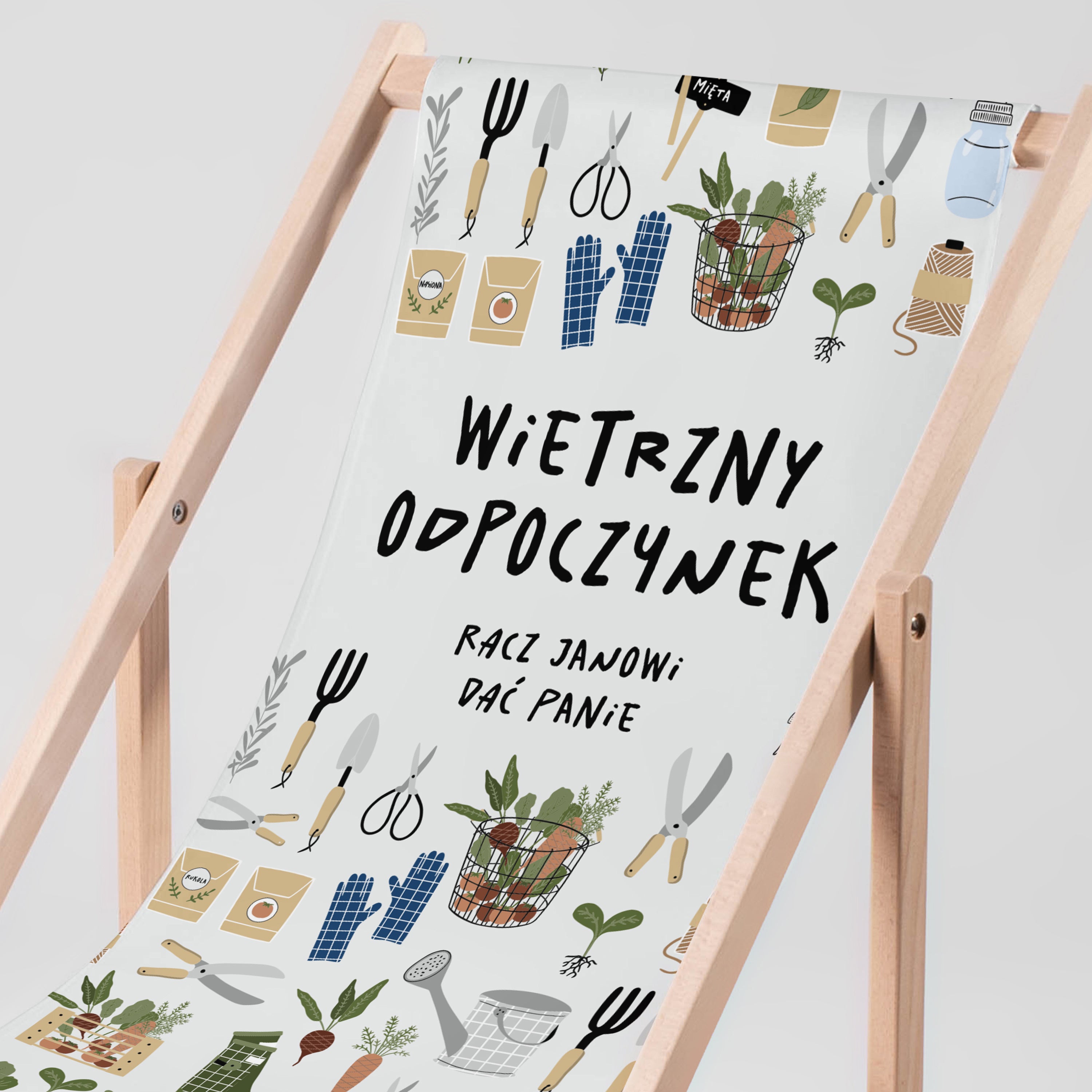 Leżak ze śmiesznym nadrukiem dla ogrodnika - wietrzny odpoczynek