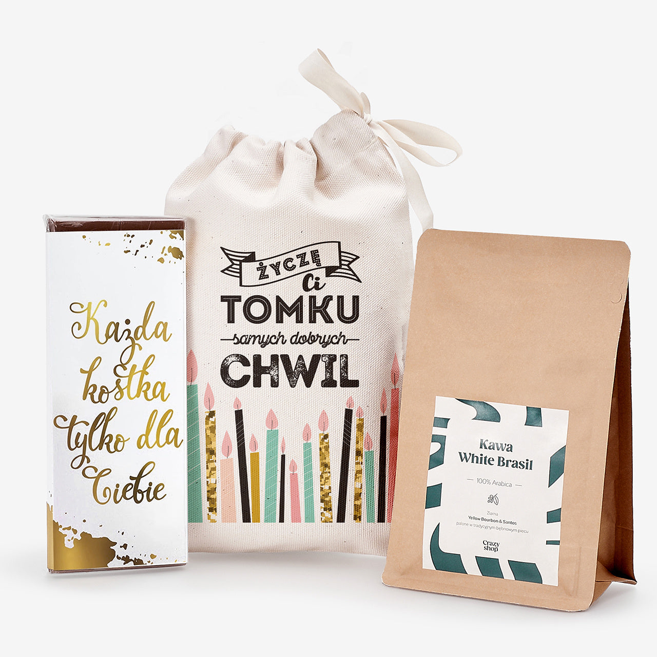 Czekolada i kawa w woreczku - Życzenia - prezent urodzinowy prezent na urodziny zestaw prezentowy na urodziny