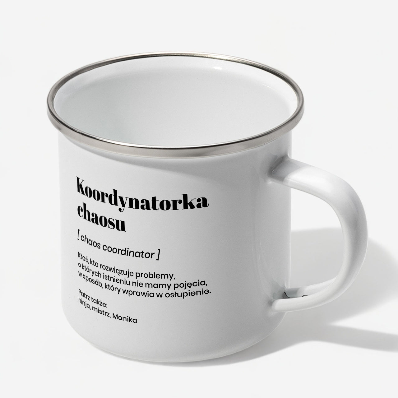 Emaliowany kubek Koordynatorka Chaosu prezent dla koleżanki z pracy personalizowany kubek dla koleżanki