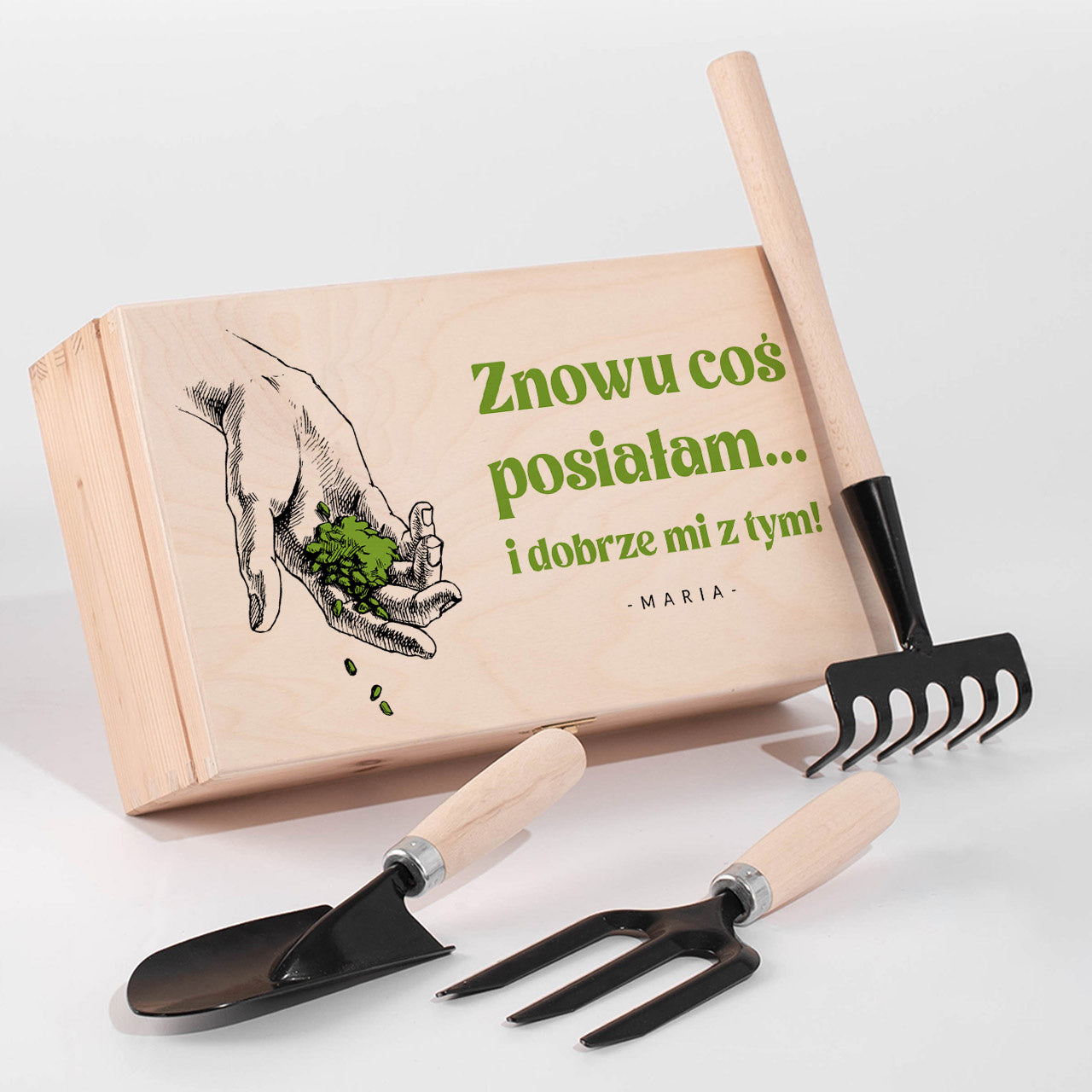 Narzędzia ogrodowe w skrzynce na prezent dla miłośniczki ogrodu
