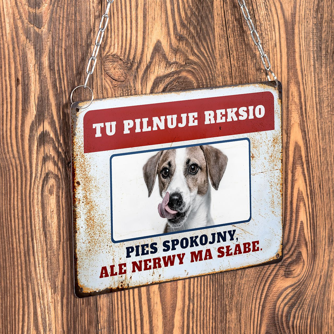 Metalowa tabliczka ze zdjęciem psa