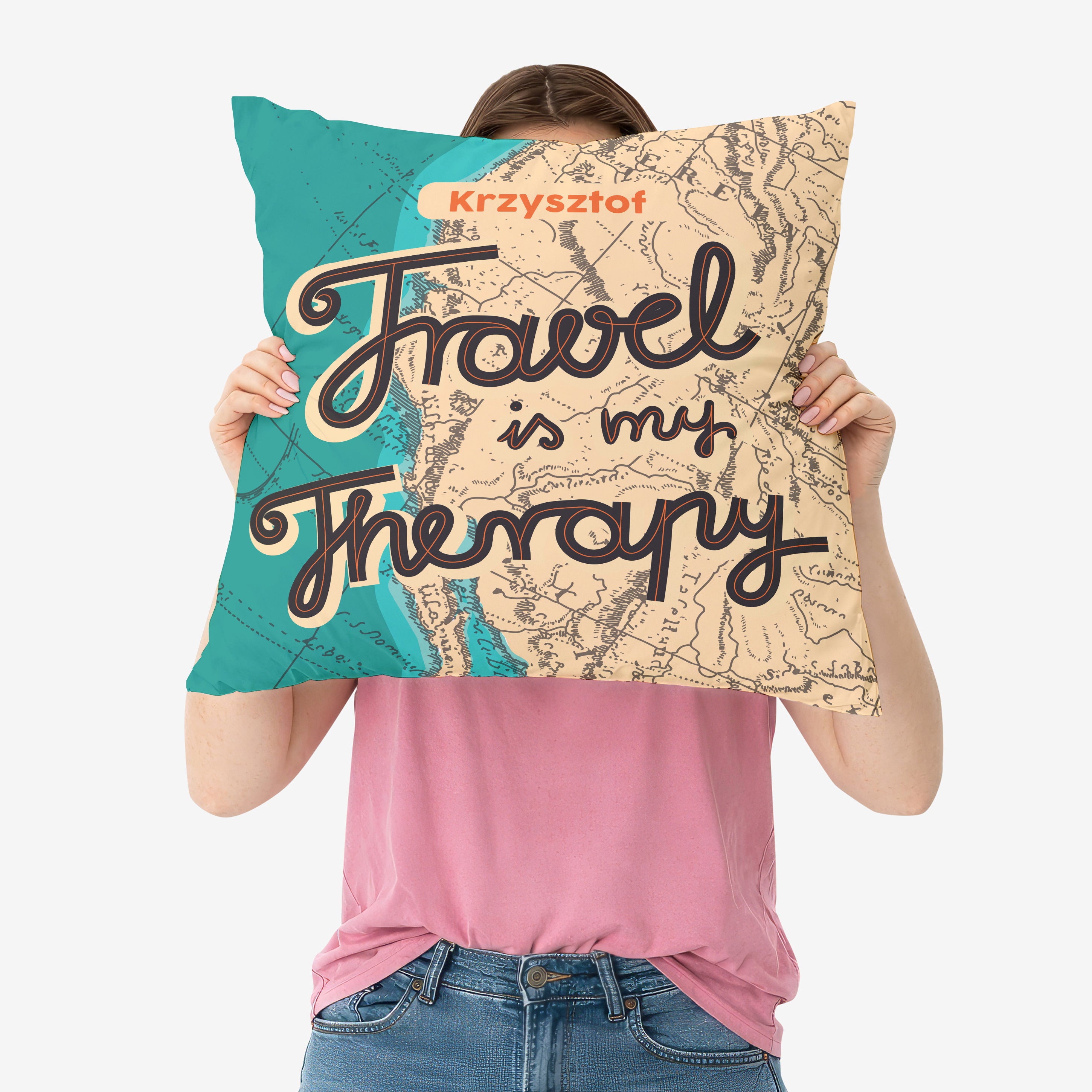 Poduszka dla podróżnika - Travel is my therapy - personalizowana