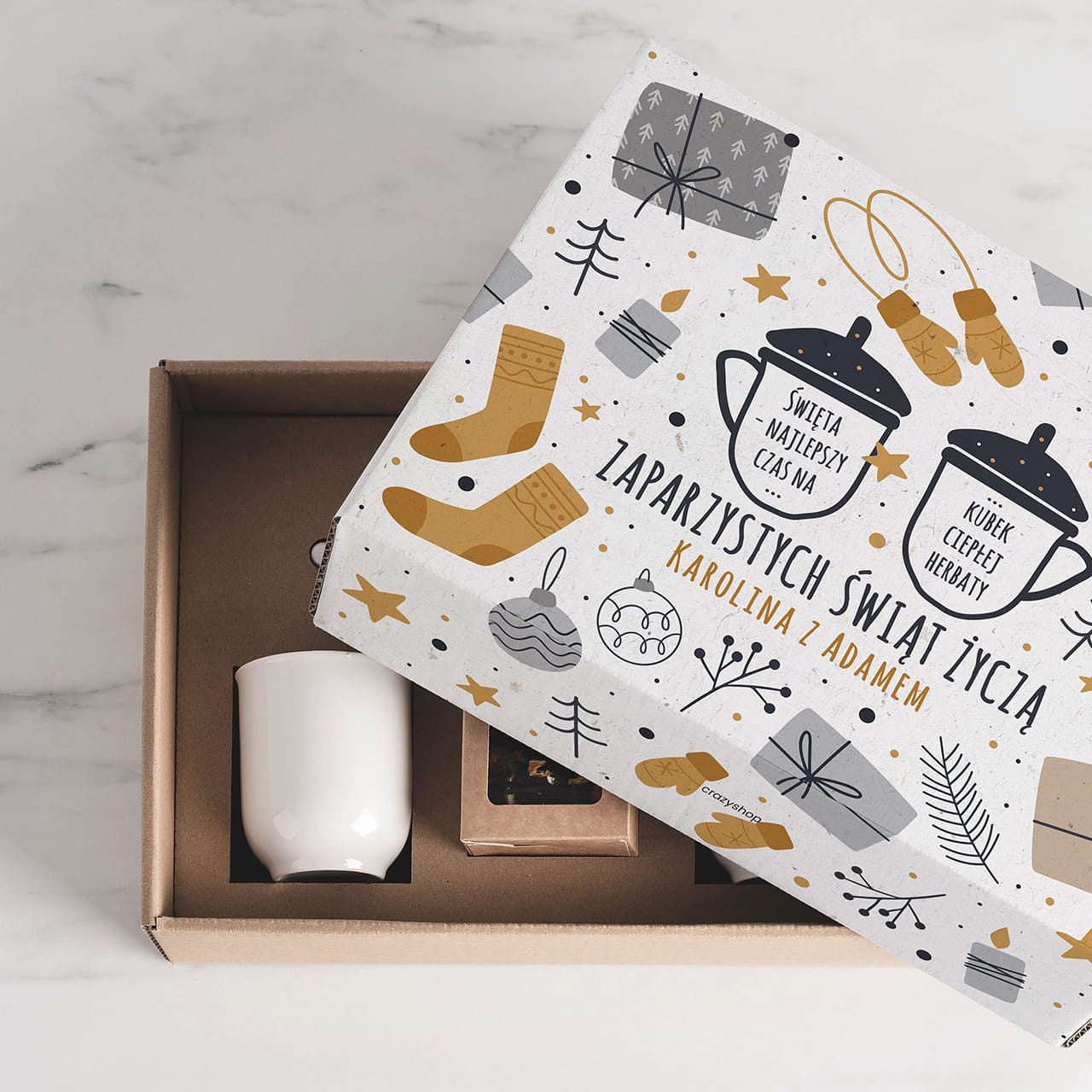 Personalizowany zestaw świąteczny Herbatka i kubki z przykrywką świąteczny zestaw prezentowy  