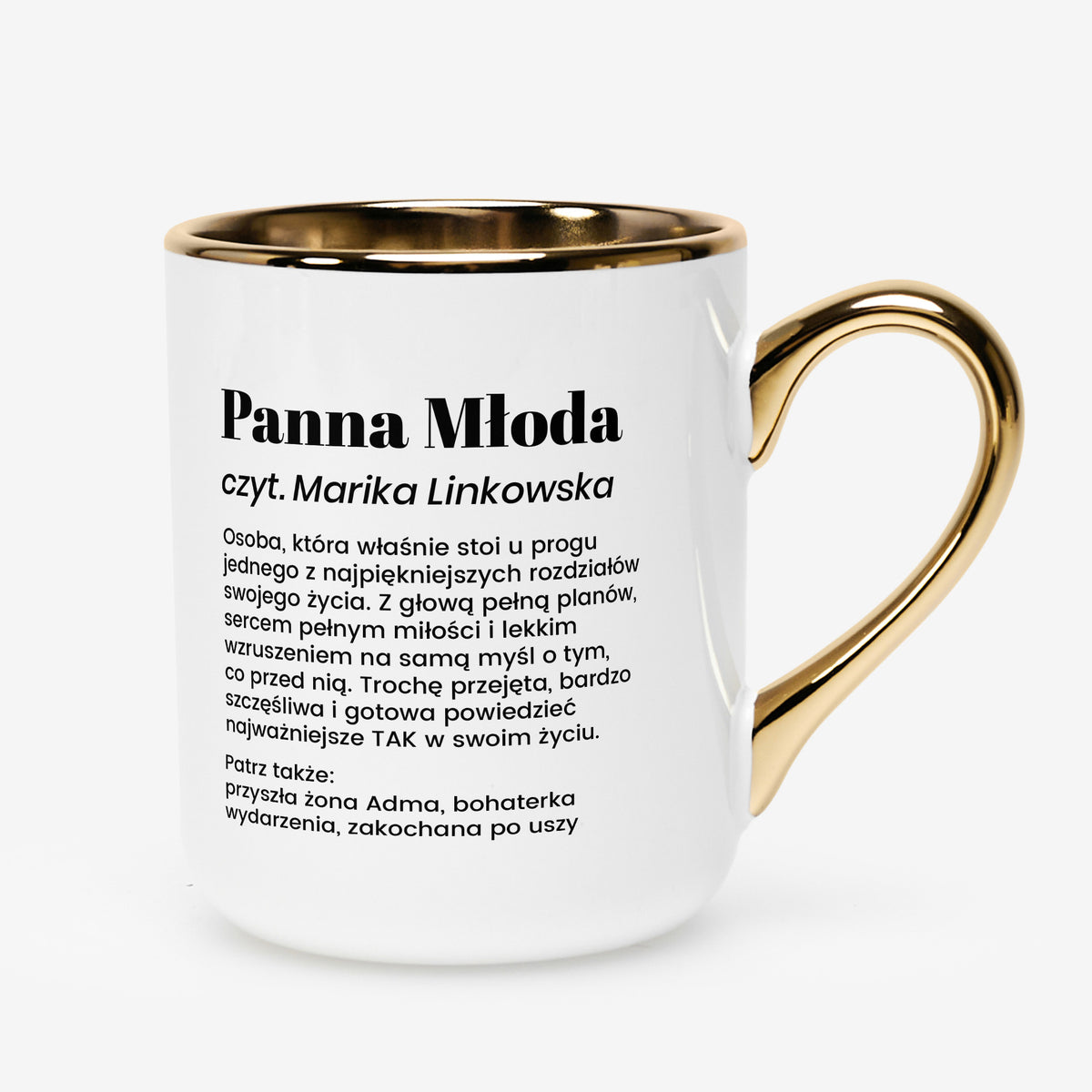Biało-złoty kubek dla panny młodej - śmieszny prezent na wieczór panieński