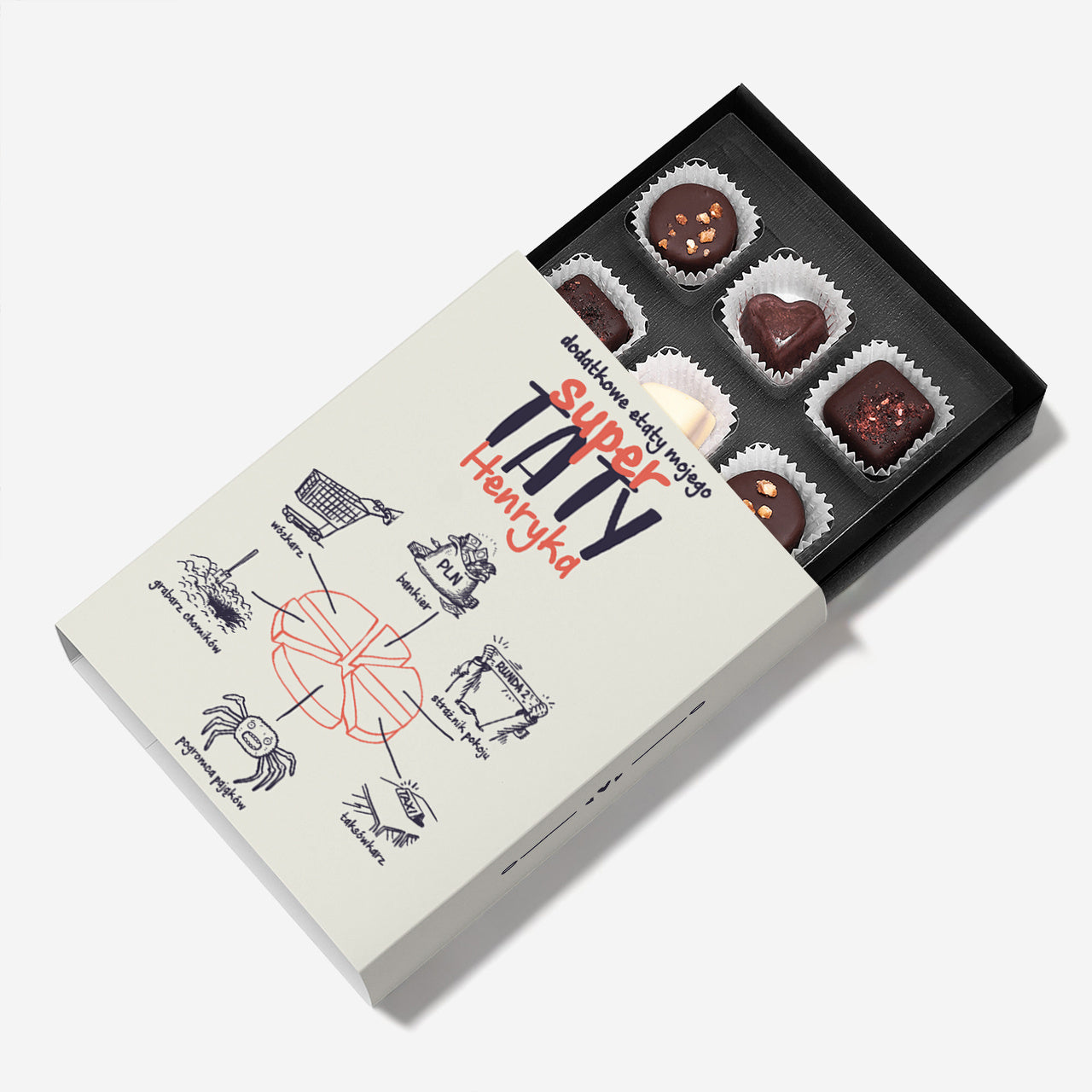 Bombonierka dla taty - Etaty Taty pralinki belgijskie prezent dla taty bombonierka personalizowana