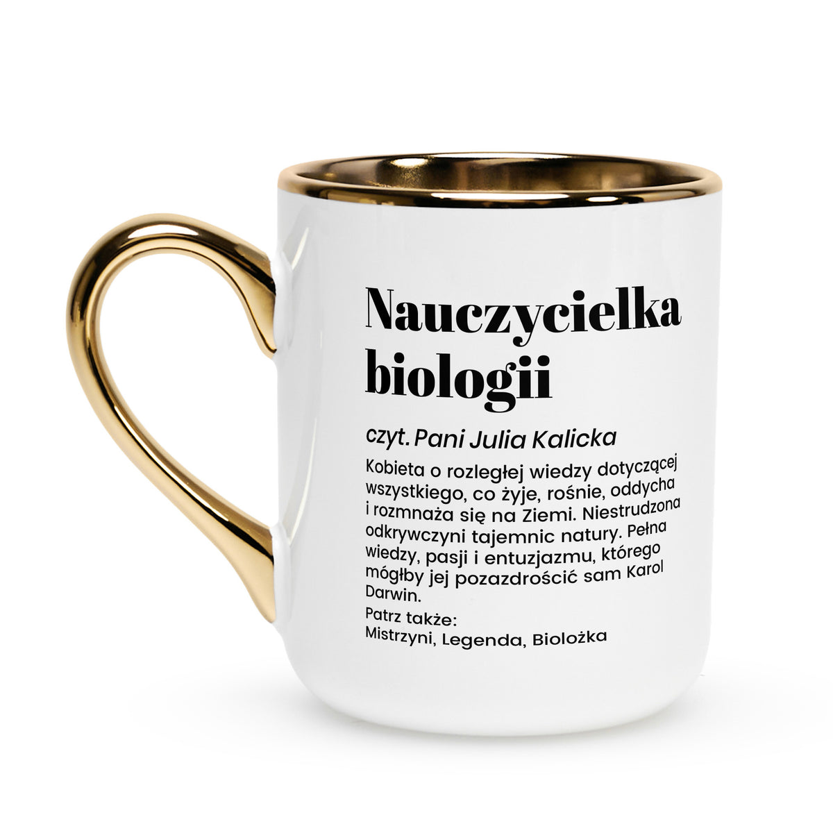 Biało-złoty kubek - śmieszny prezent dla nauczycielki biologii