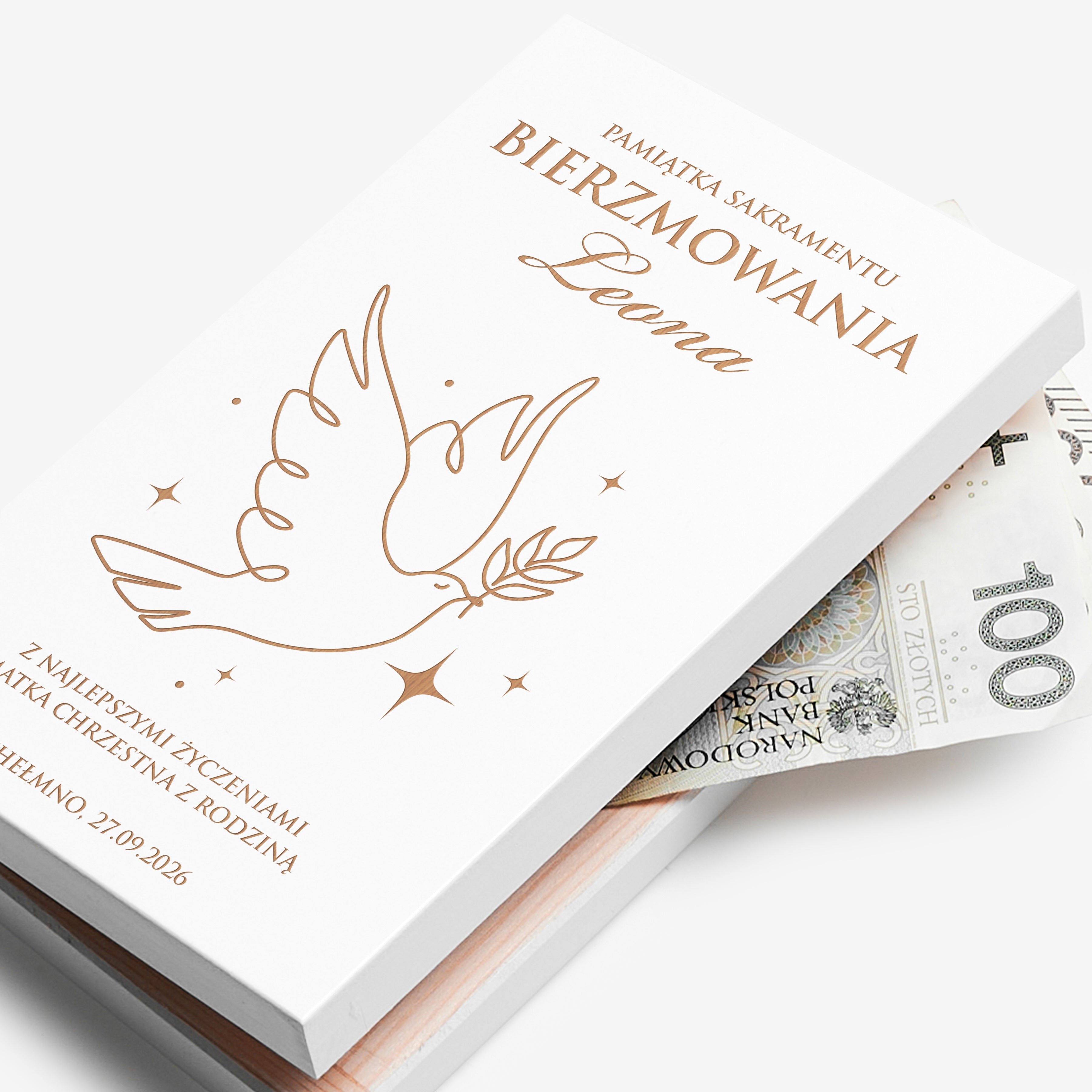 Grawerowane pudełko na pieniądze na pamiątkę bierzmowania