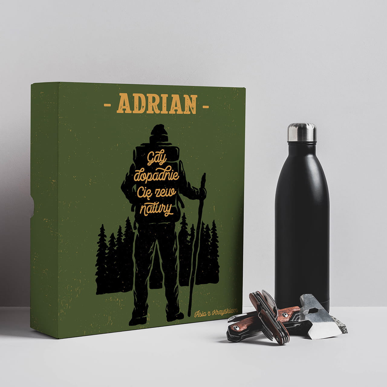 Zestaw dla survivalowca - termos, scyzoryk i toporek zestaw survivalowy prezent dla miłośnika survivalu