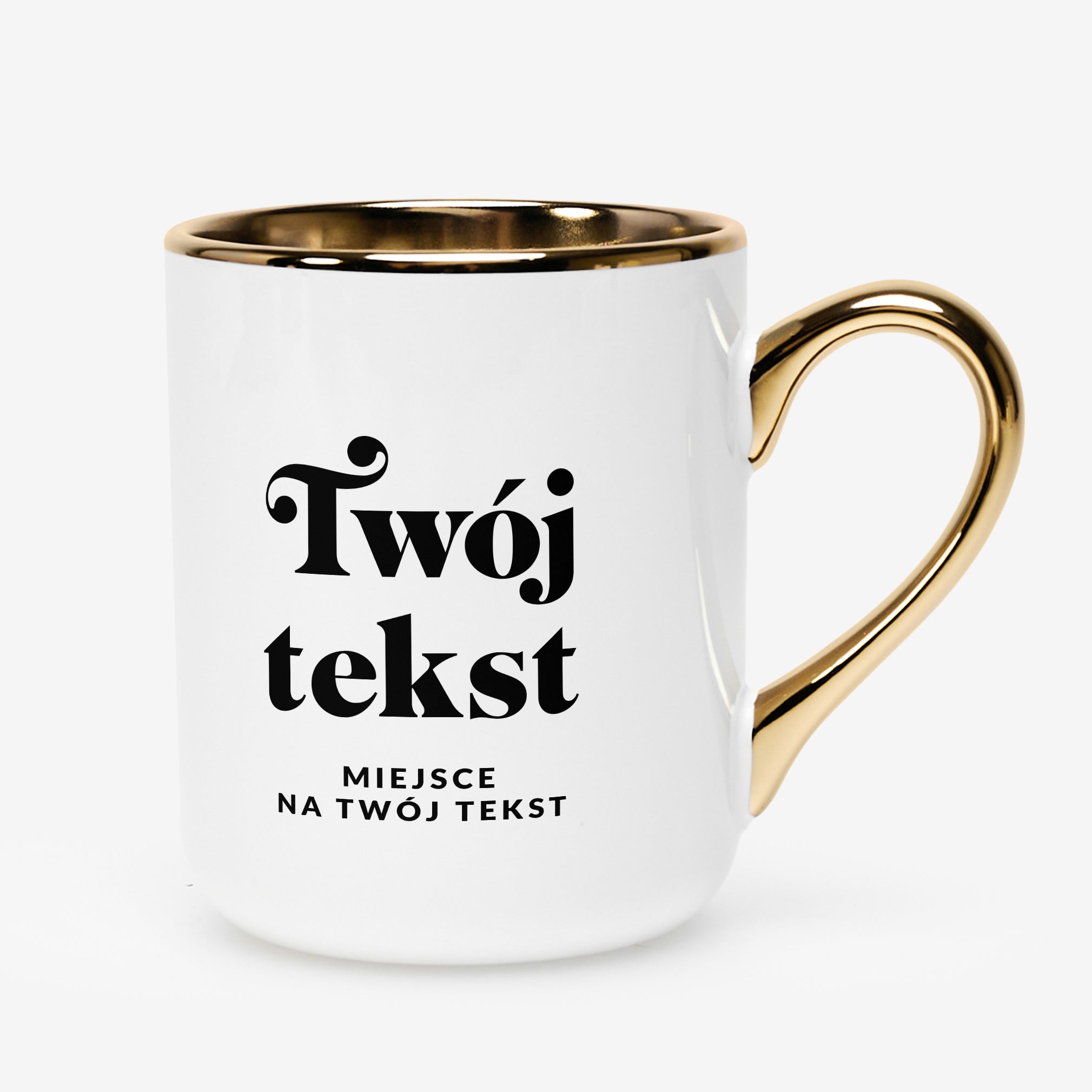 Personalizowany kubek biało-złoty - Twój Tekst kubek z nadrukiem