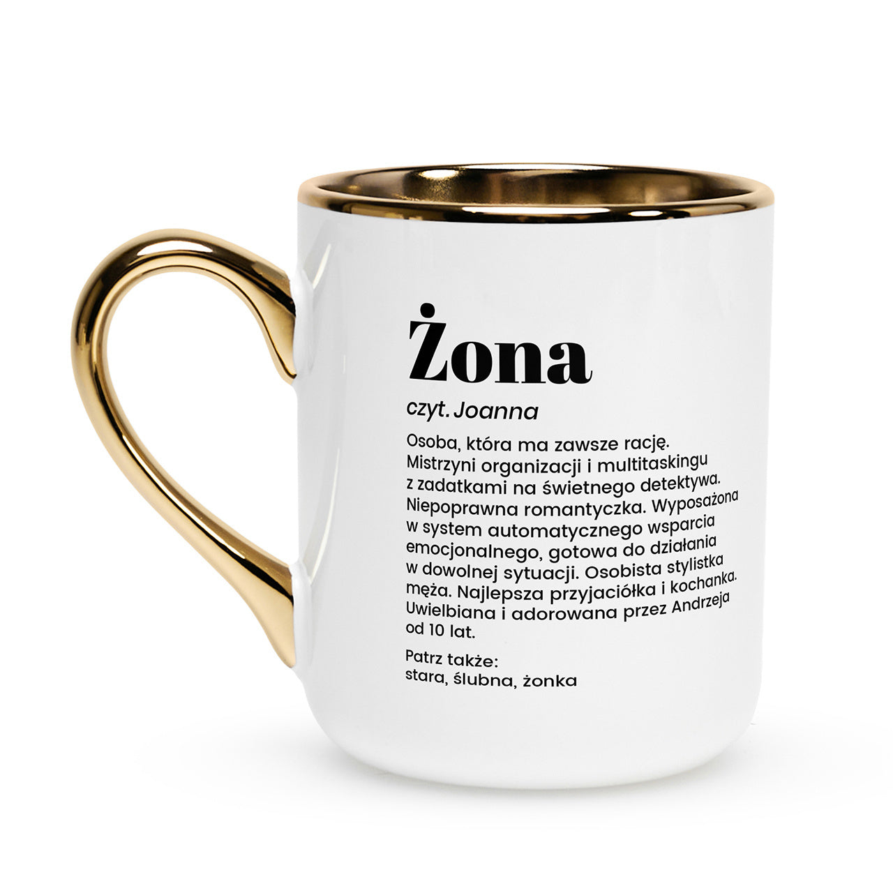 Kubek elegancki biało-złoty dla żony - definicja