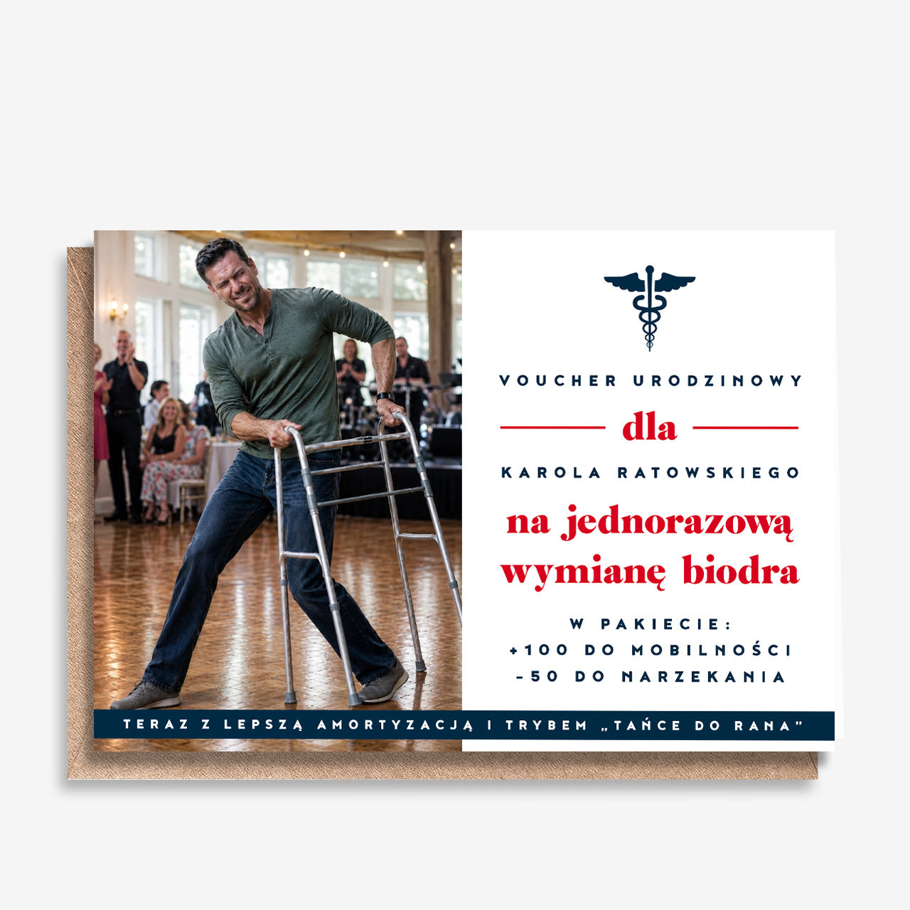 Śmieszna kartka urodzinowa - voucher na wymianę biodra