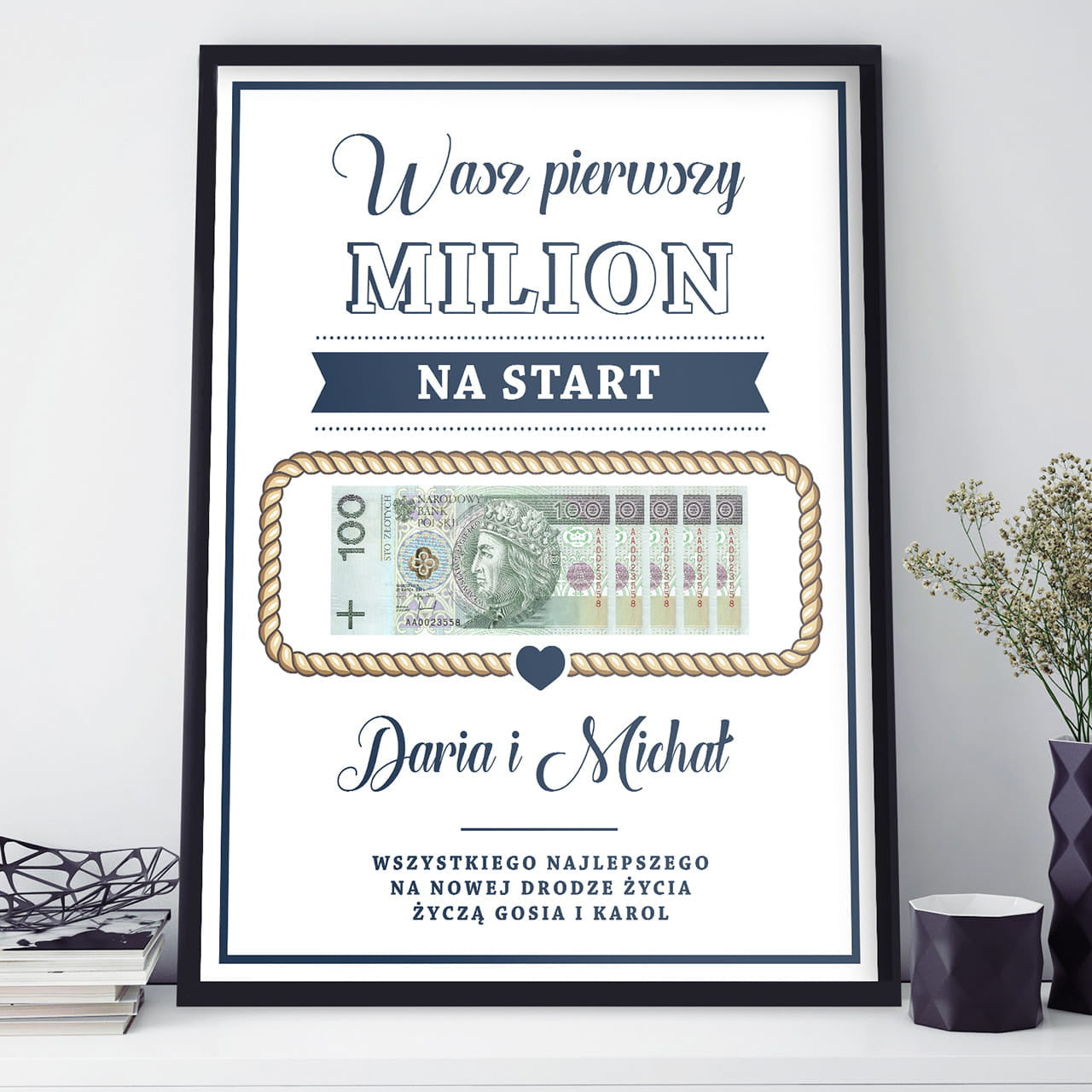 Śmieszny plakat na ślub - pierwszy milion prezent dla pary młodej plakat ślubny personalizowany plakat