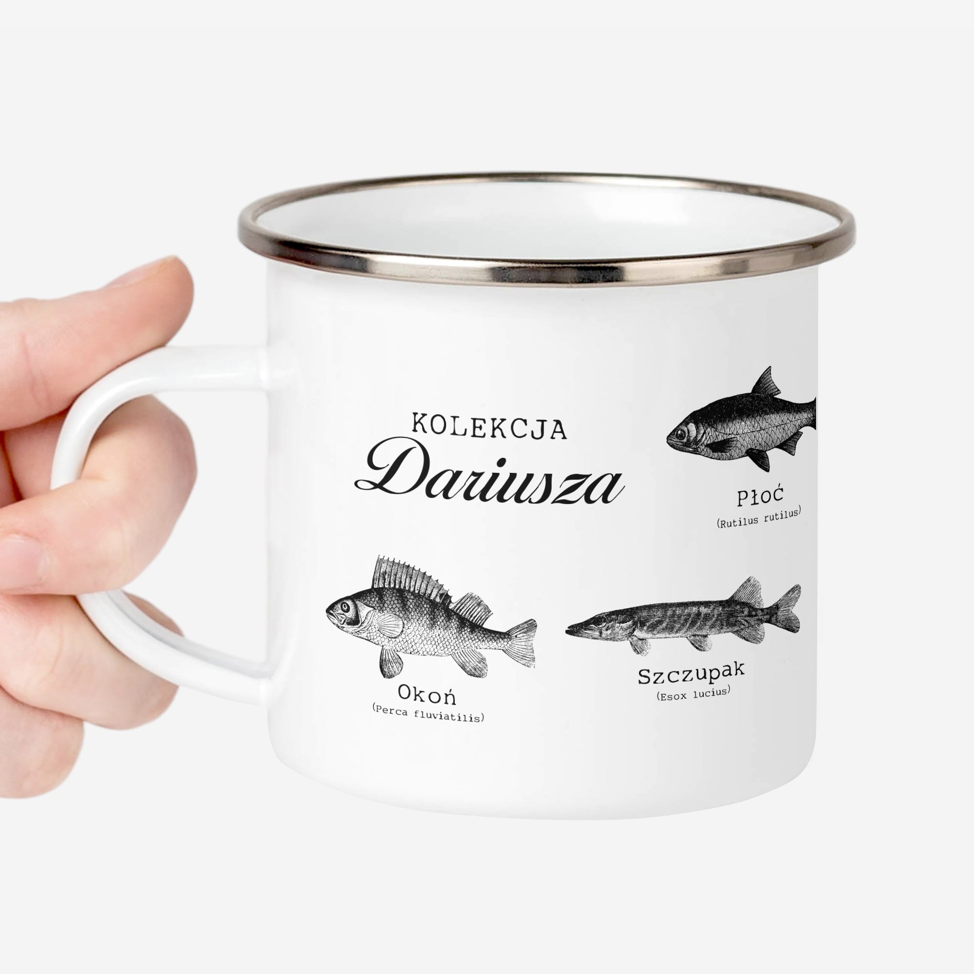Metalowy kubek wędkarza - kubek z rybami prezent dla wędkarza emaliowany kubek