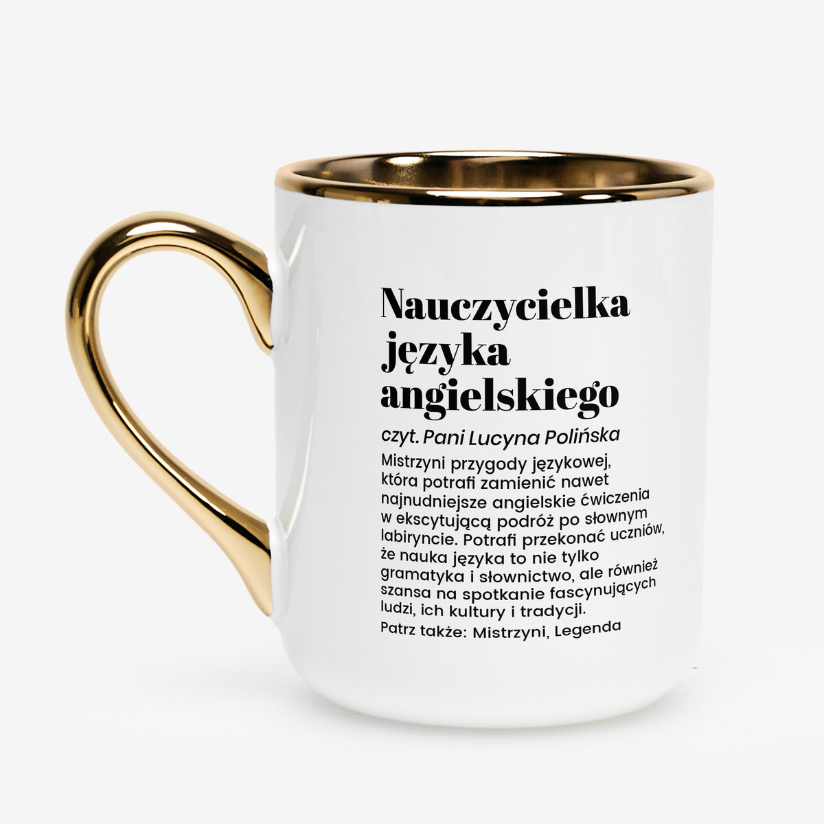 Kubek biało-złoty dla nauczycielki angielskiego
