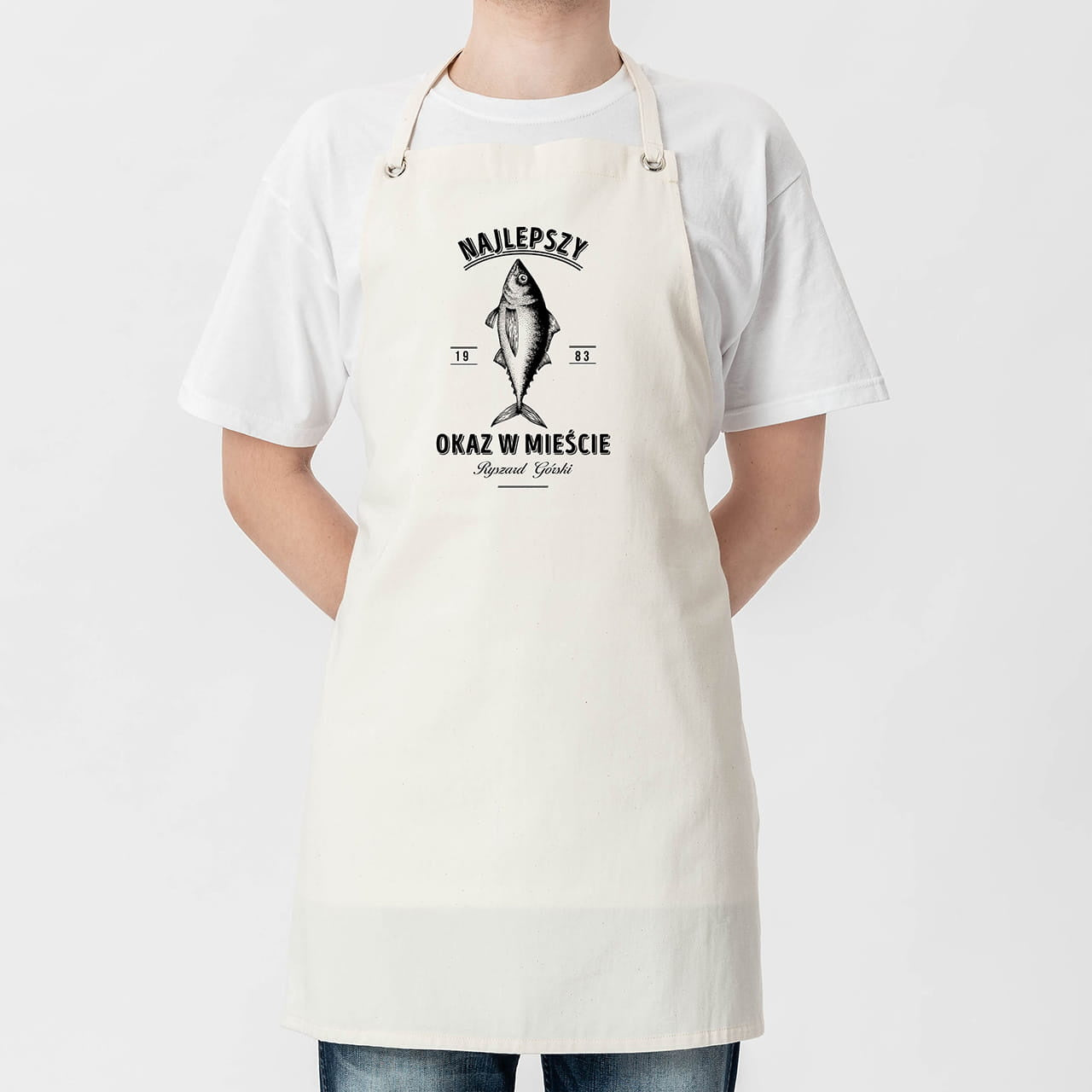 Fartuch z nadrukiem dla wędkarza - najlepszy okaz prezent dla wędkarza fartuch personalizowany fartuch do kuchni