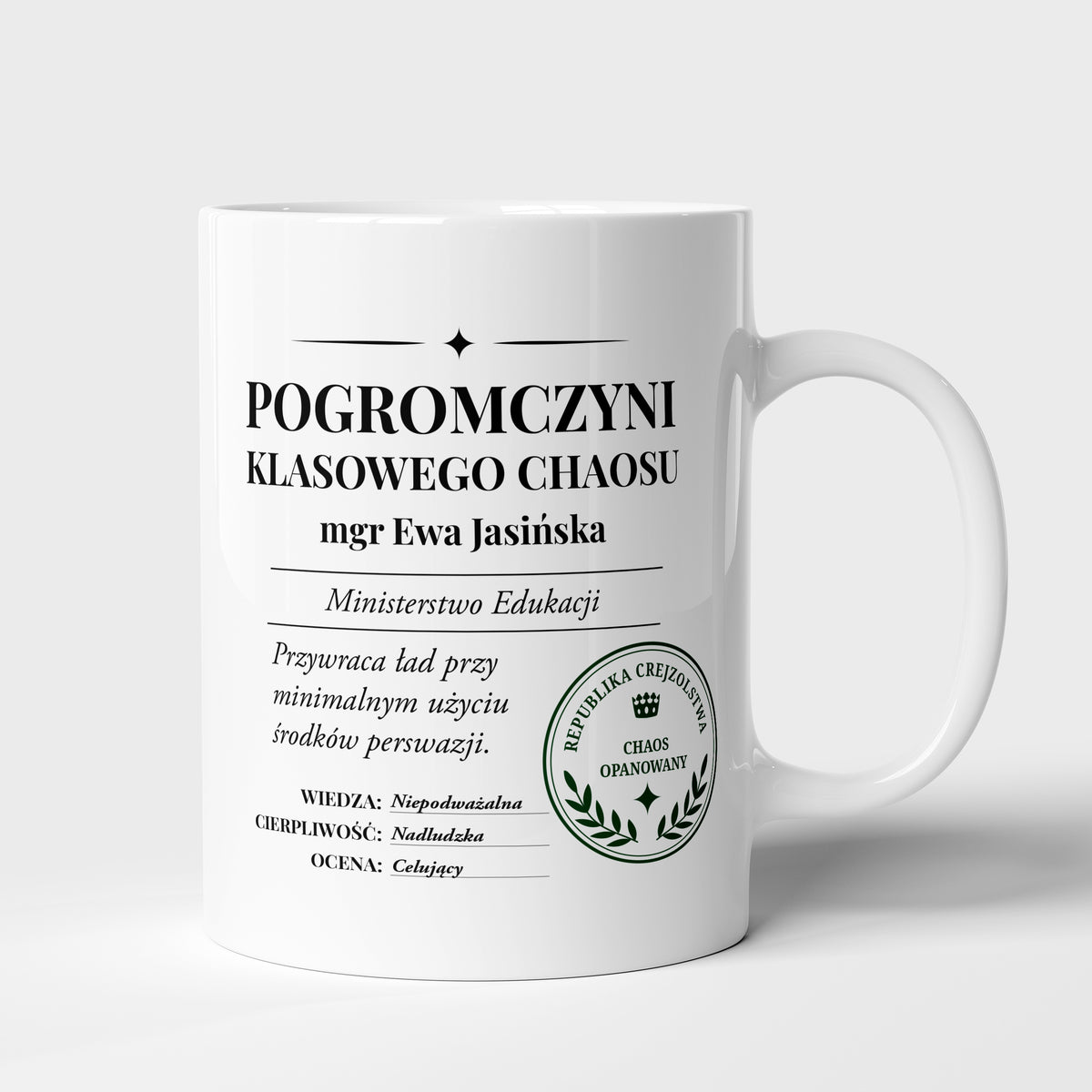 Kubek ze śmiesznym nadrukiem - prezent dla nauczycielki 