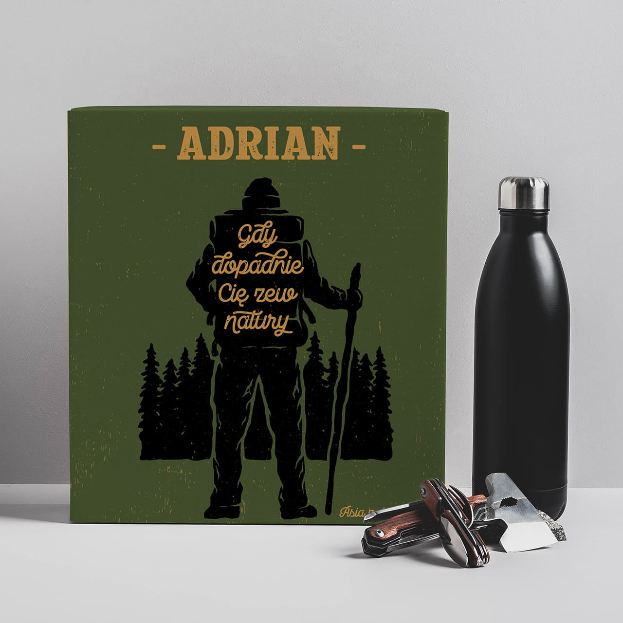 Zestaw dla survivalowca - termos, scyzoryk i toporek zestaw survivalowy prezent dla miłośnika survivalu