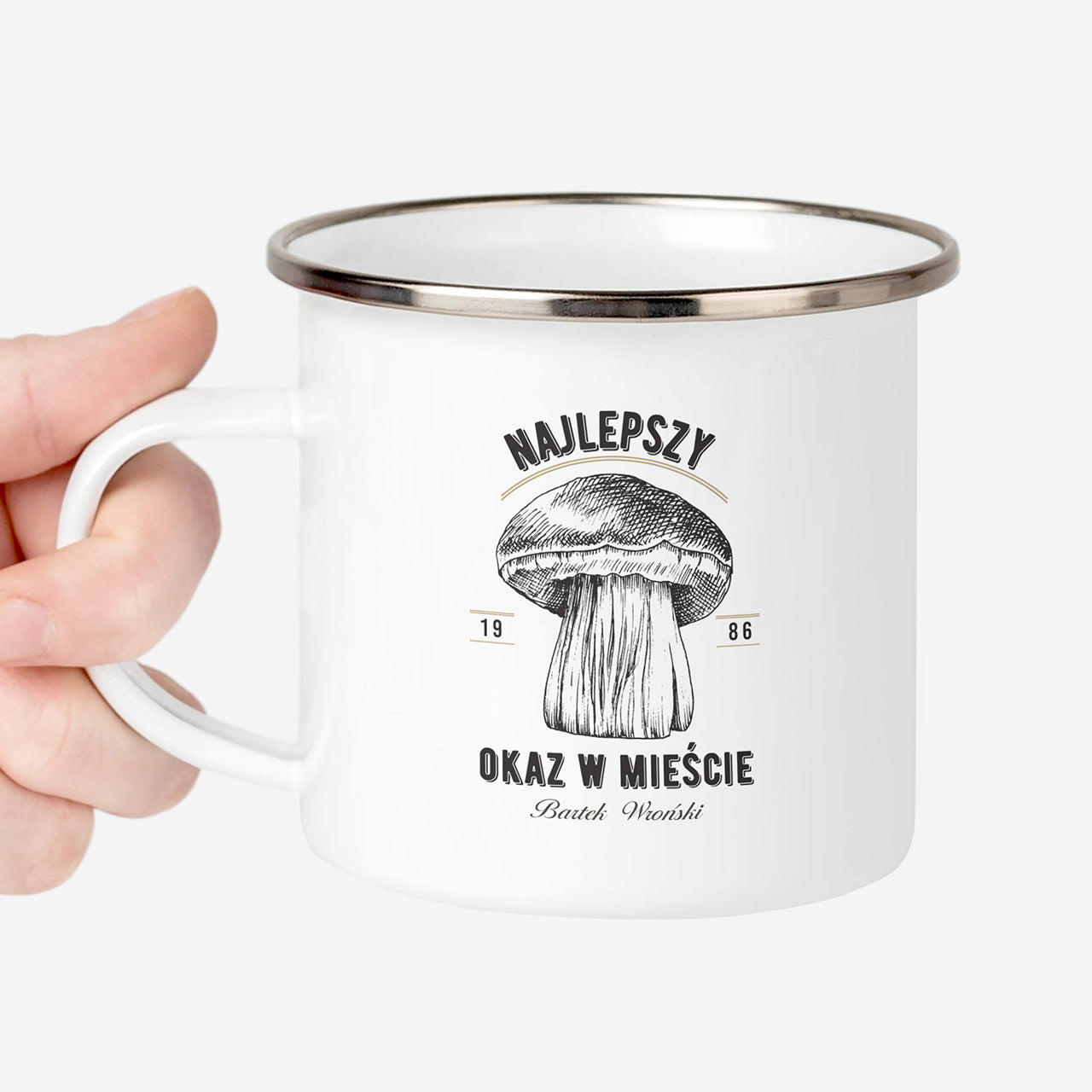 Personalizowany kubek emaliowany - upominek dla grzybiarza kubek z nadrukiem 