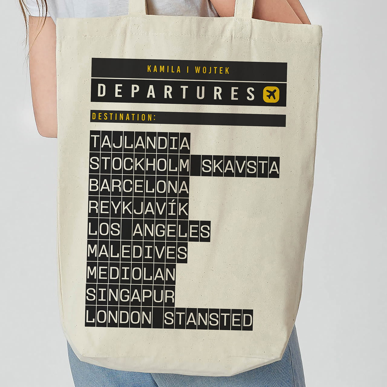 Personalizowana torba dla podróżnika - tablica odlotów prezent dla podróżnika gadżet dla podróżnika