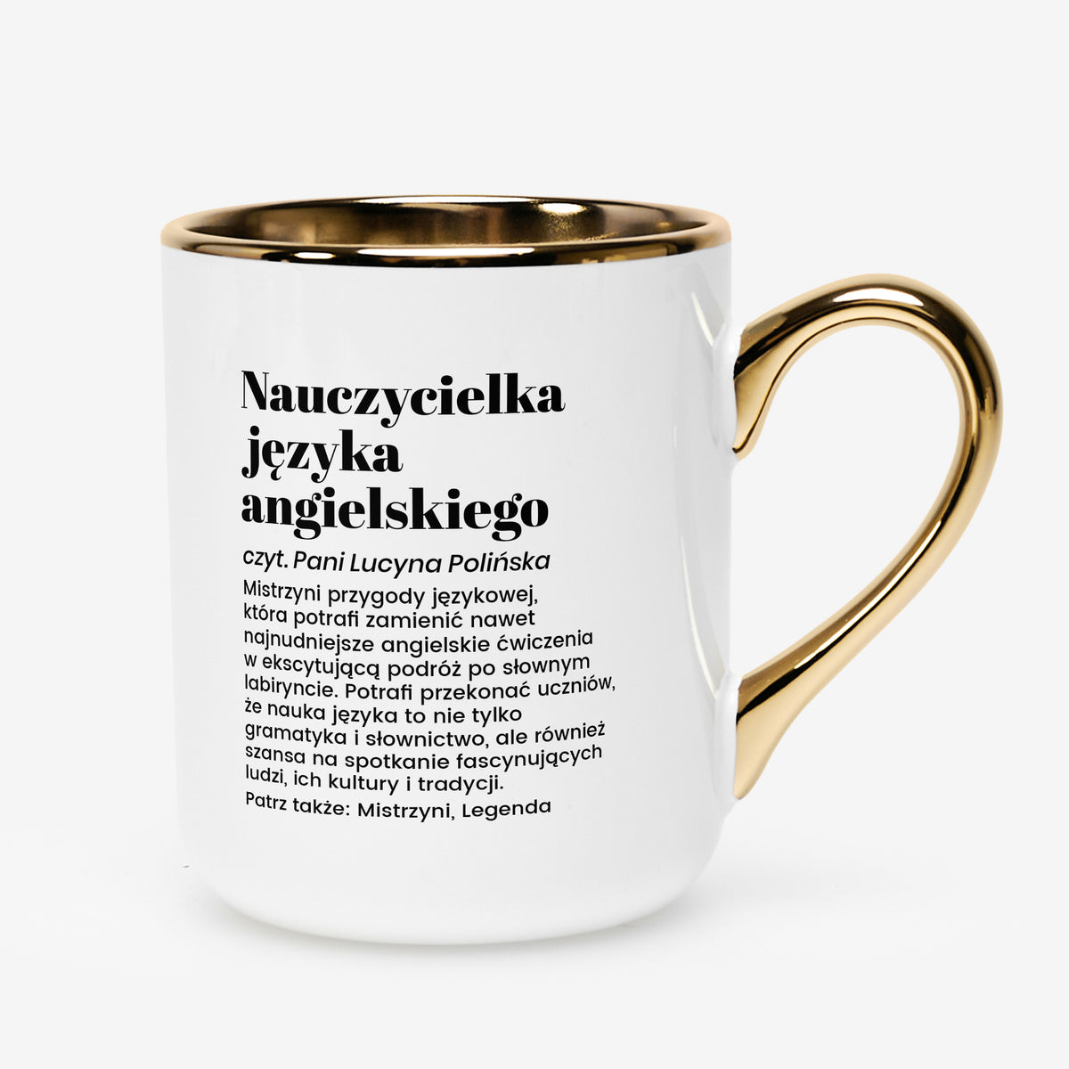 Kubek biało-złoty dla nauczycielki angielskiego