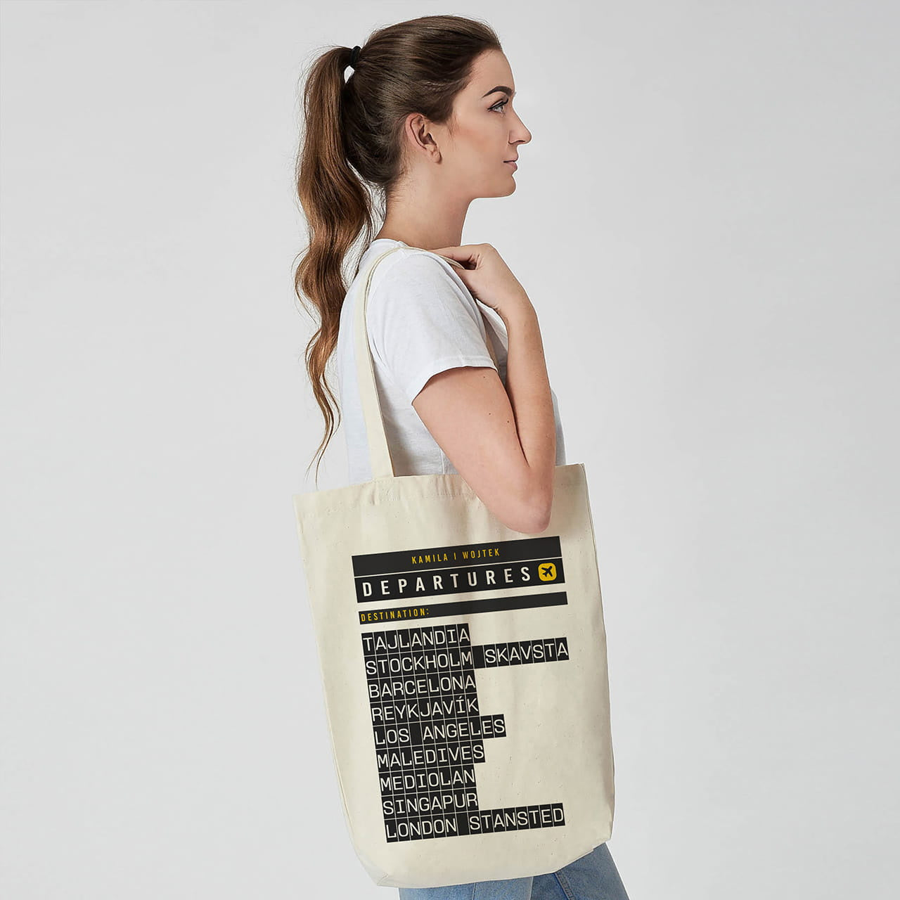 Personalizowana torba dla podróżnika - tablica odlotów prezent dla podróżnika gadżet dla podróżnika