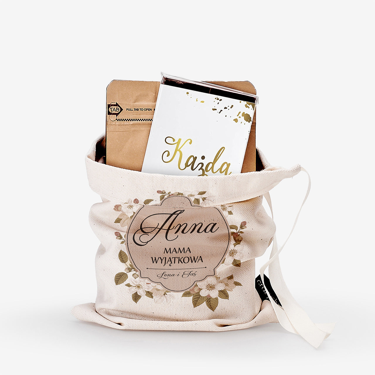 Kawa i czekolada w personalizowanym woreczku - prezent imieninowy dla mamy prezent na imieniny dla mamy 