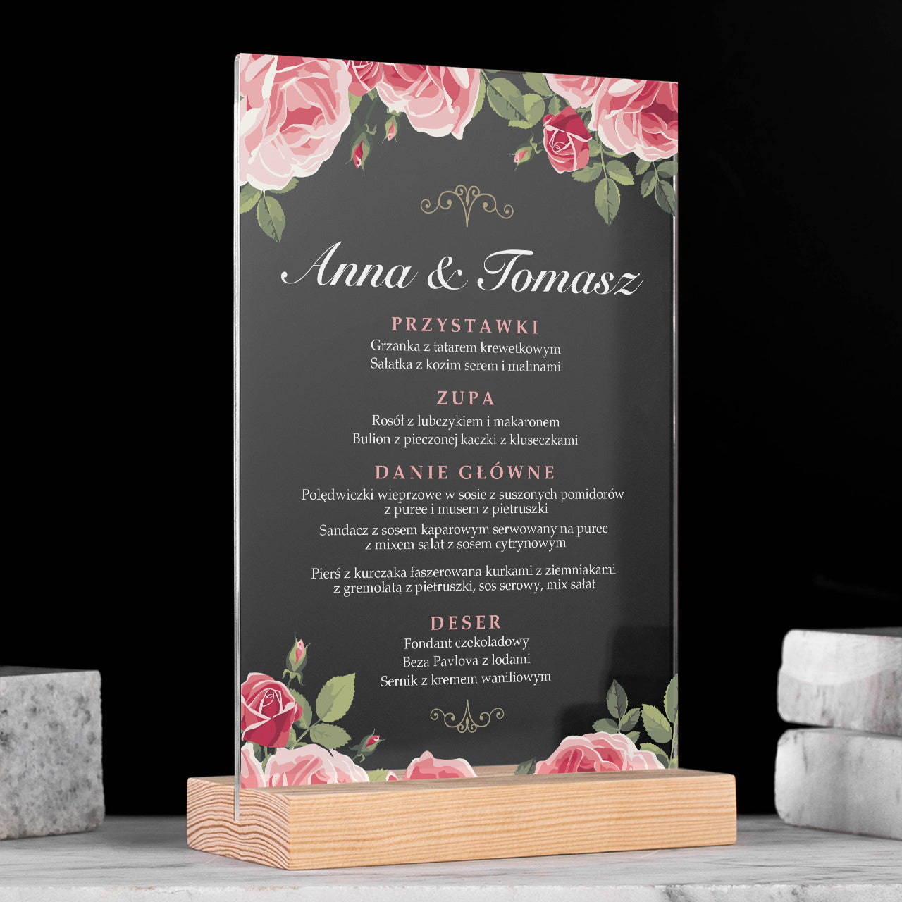 Personalizowane menu weselne na ramce plexi
