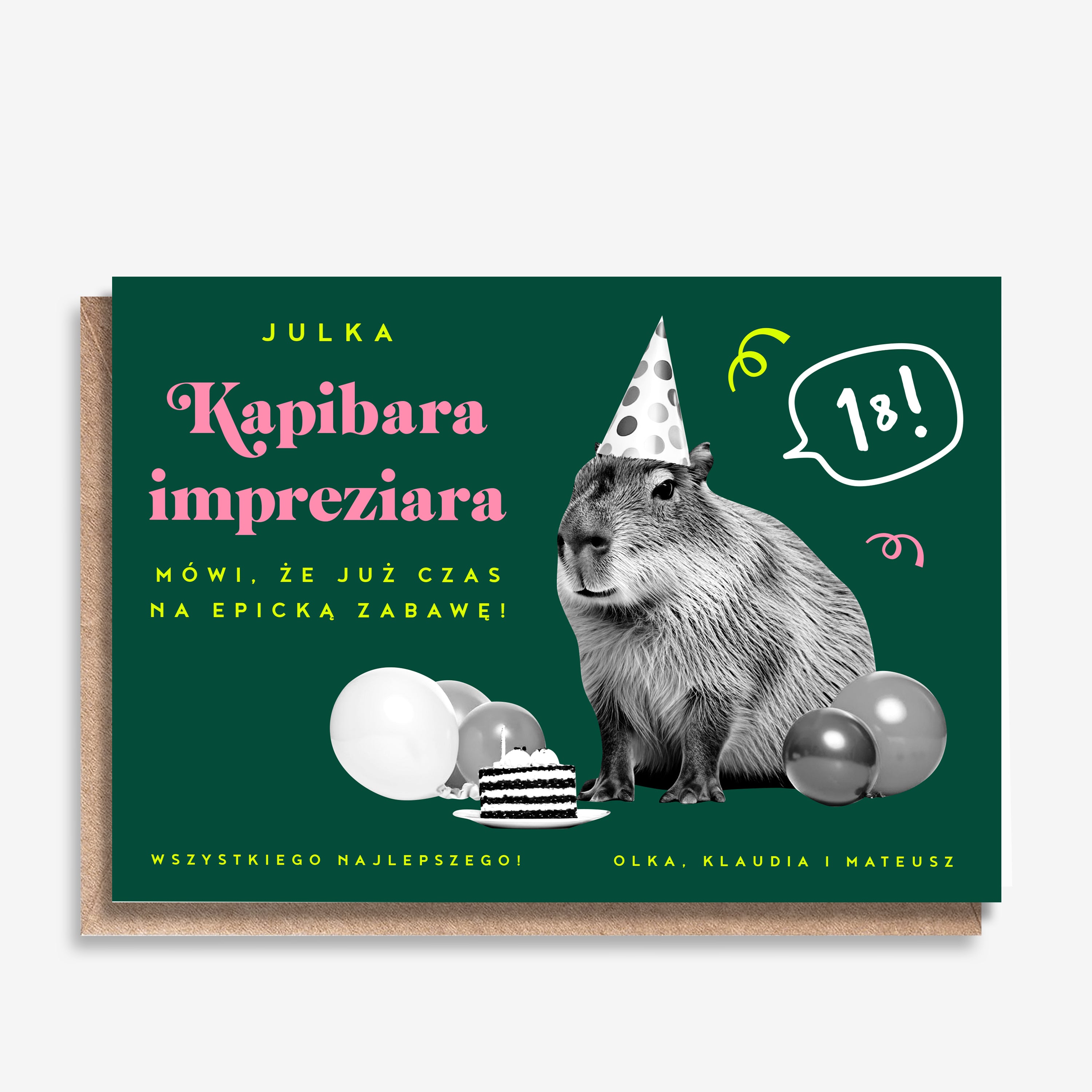 Śmieszna kartka na 18 urodziny - Kapibara Impreziara prezent na 18 urodziny kartka personalizowana
