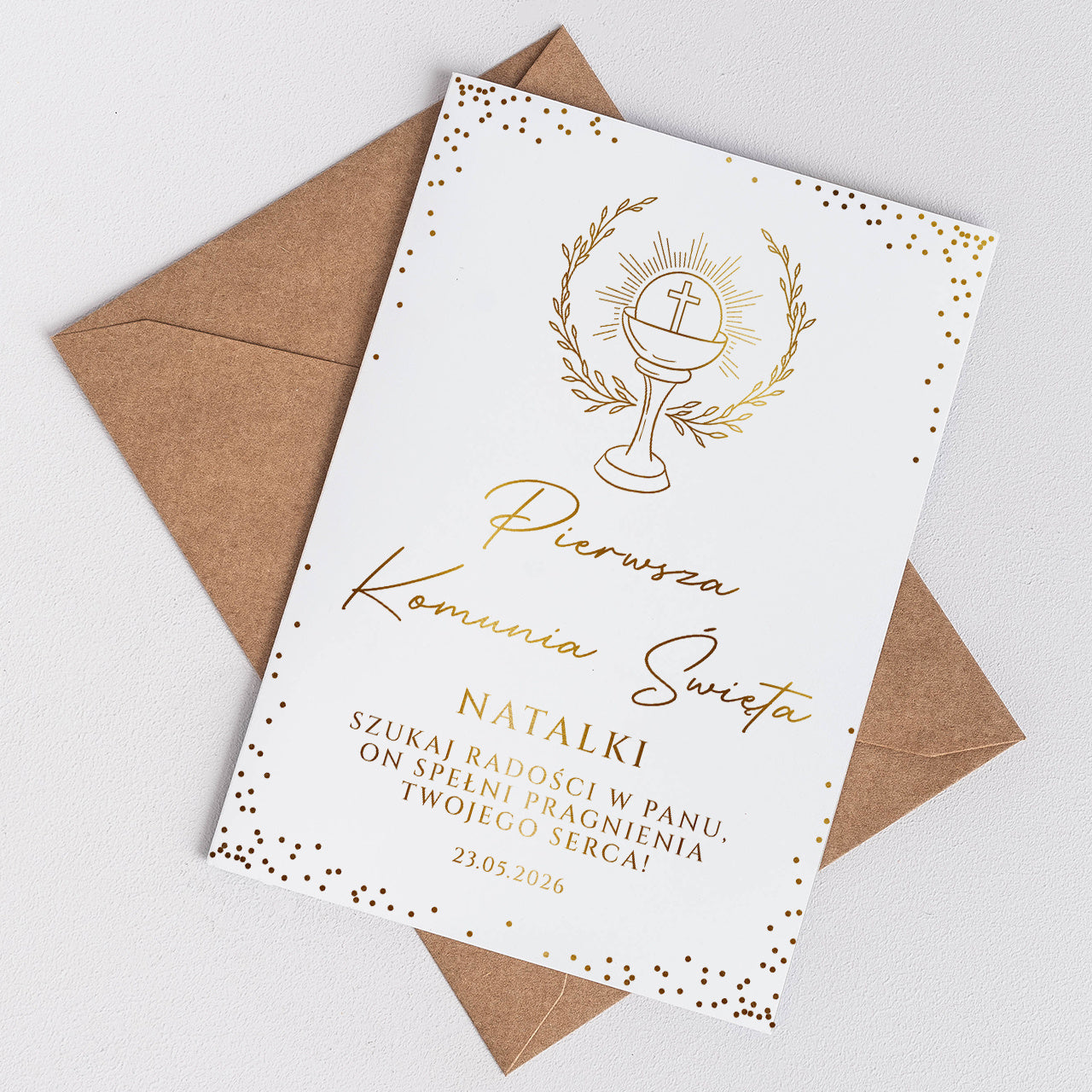Kartka ze złoceniem na Komunię Świętą elegancka kartka komunijna upominek na komunię