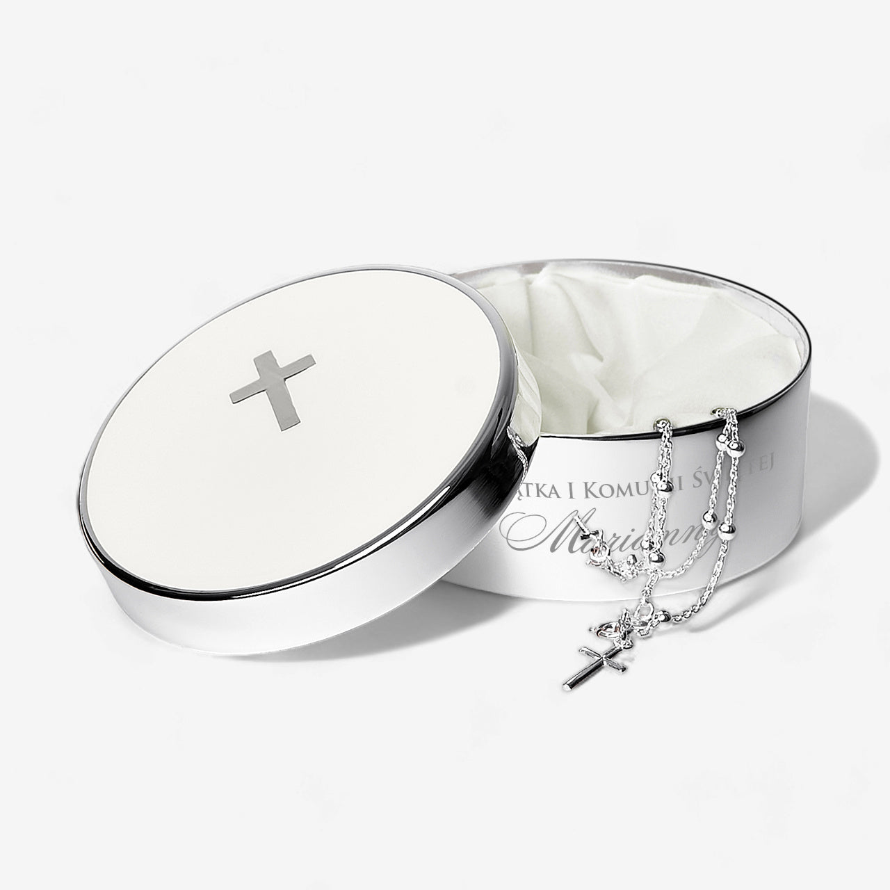 Różaniec w pudełeczku z grawerem na Komunię