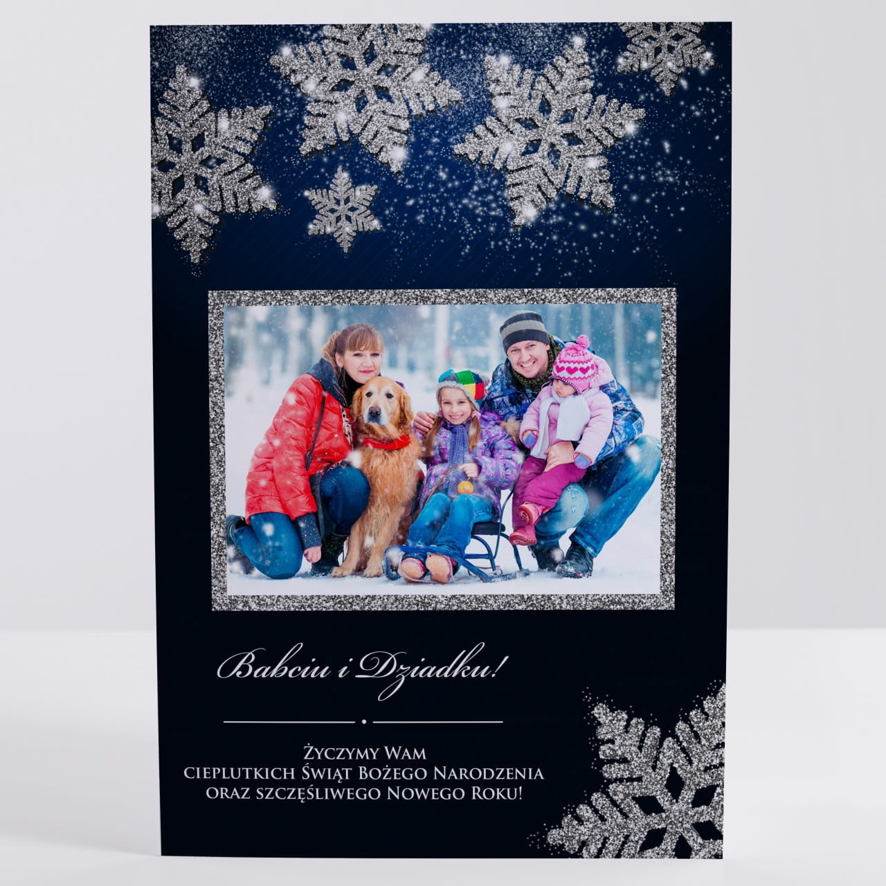 Świąteczna kartka ze zdjęciem całej rodziny - Śnieżynki kartka świąteczna upominek świąteczny kartka na święta