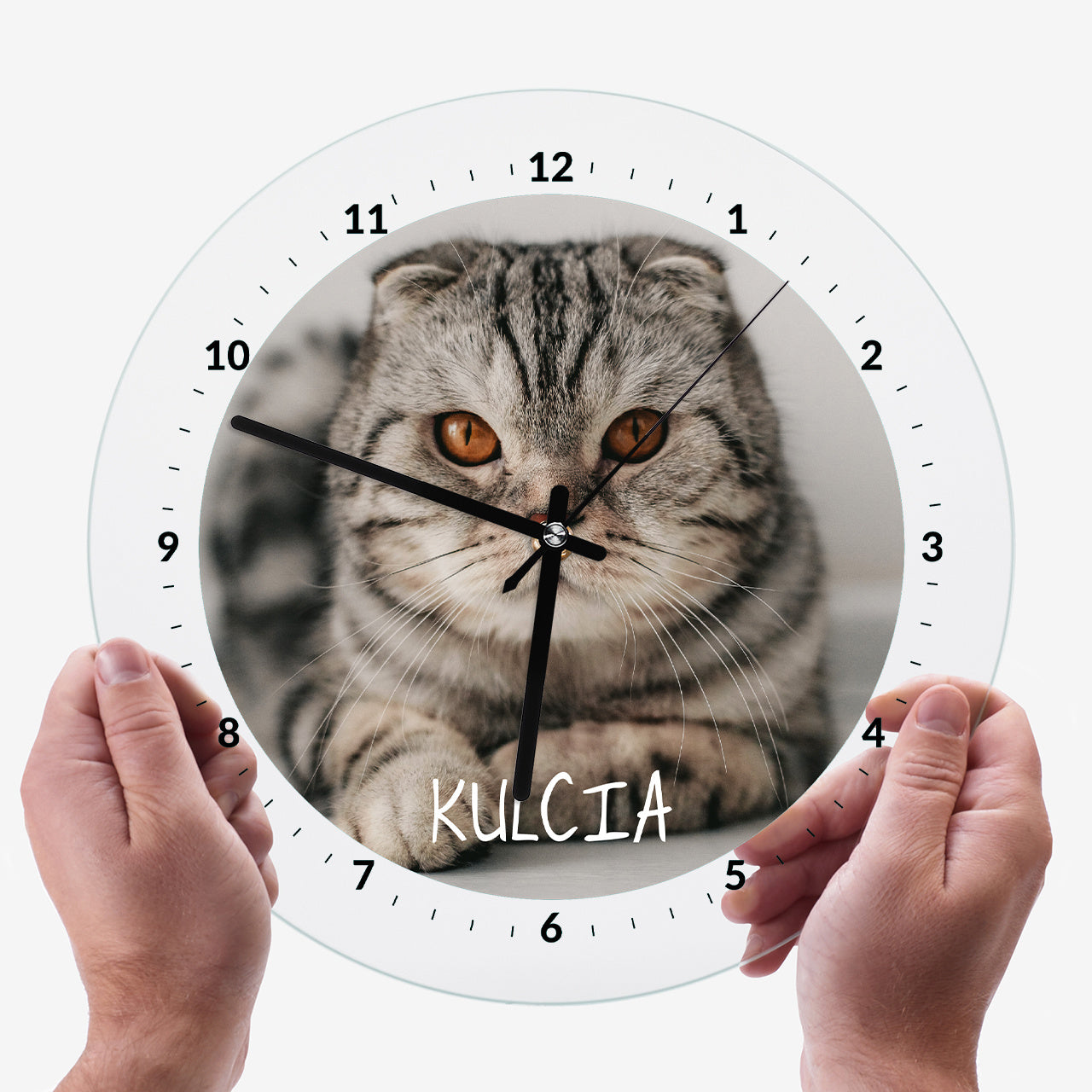 Szklany zegar ze zdjęciem kota