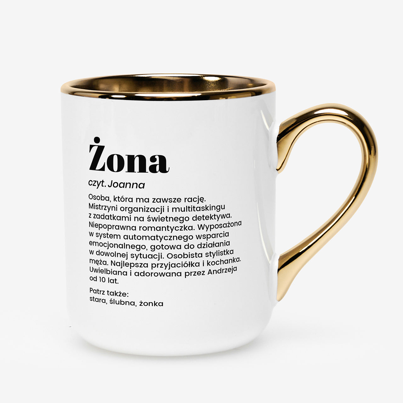 Kubek elegancki biało-złoty dla żony - definicja