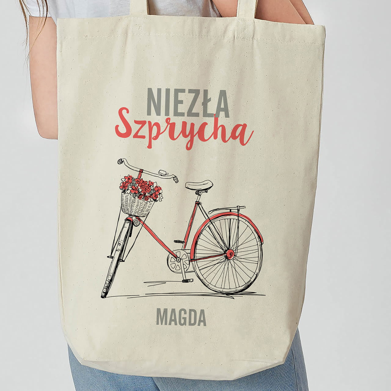 Bawełniana torba na prezent dla rowerzystki - szprycha torba z nadrukiem prezent dla miłośniczki roweru
