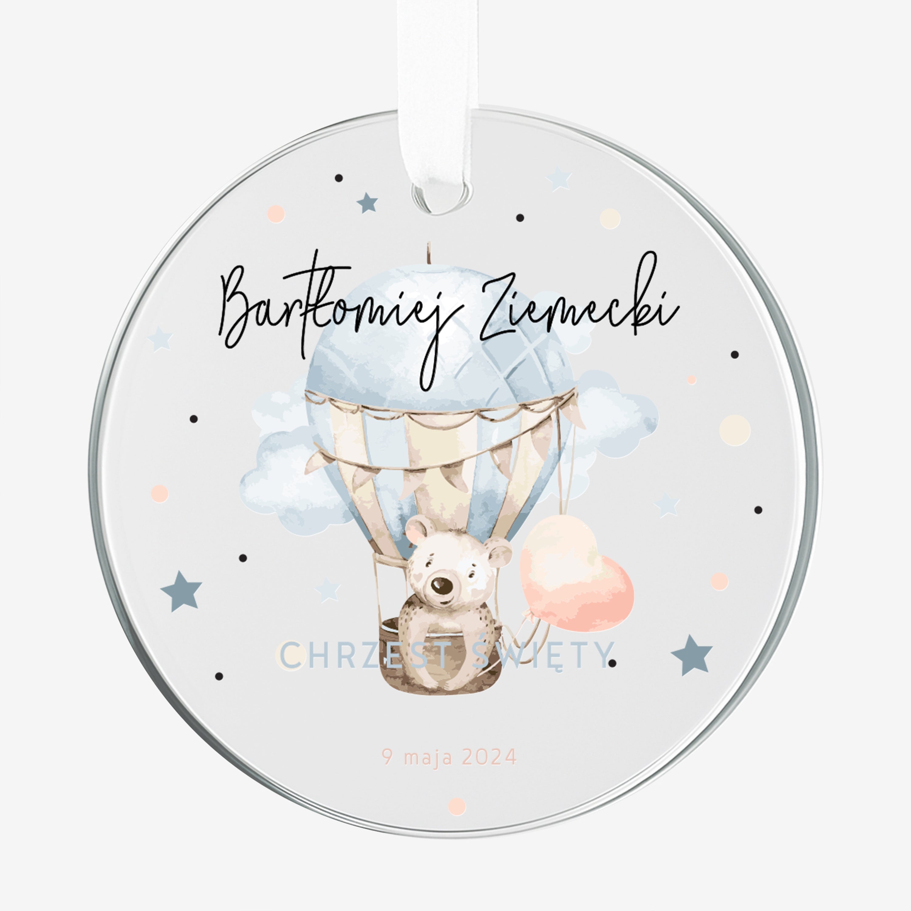 Personalizowana szklana zawieszka - prezent na chrzest od chrzestnej