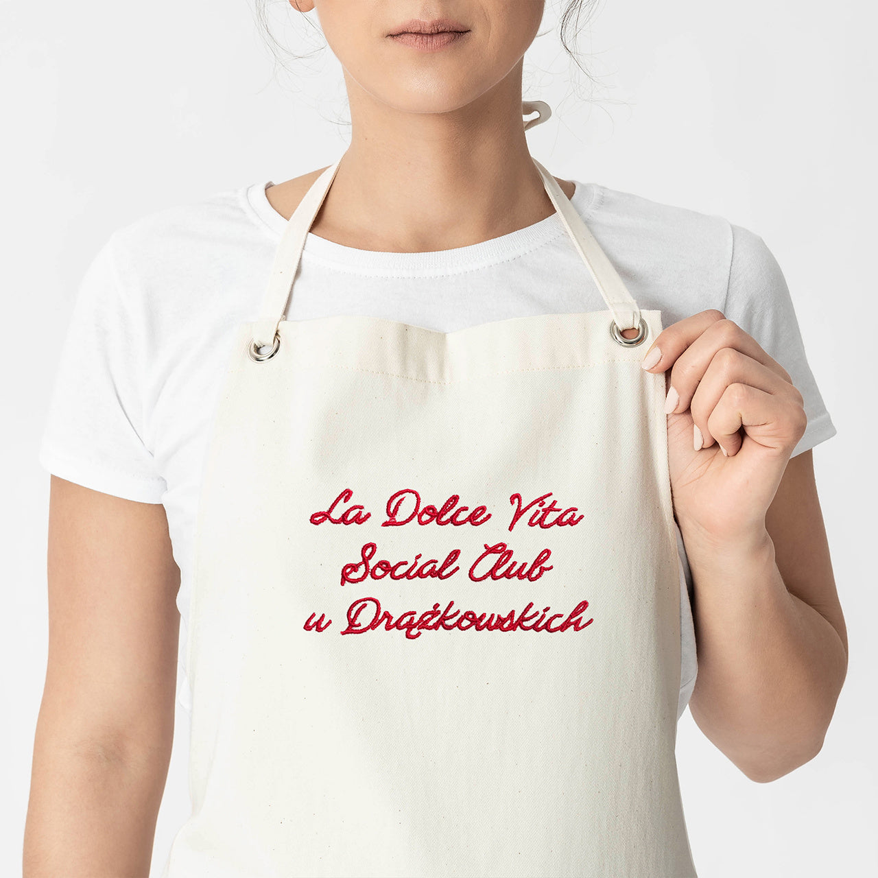 Fartuch z wyhaftowanym napisem La Dolce Vita Social Club fartuch kuchenny fartuchy do gotowania