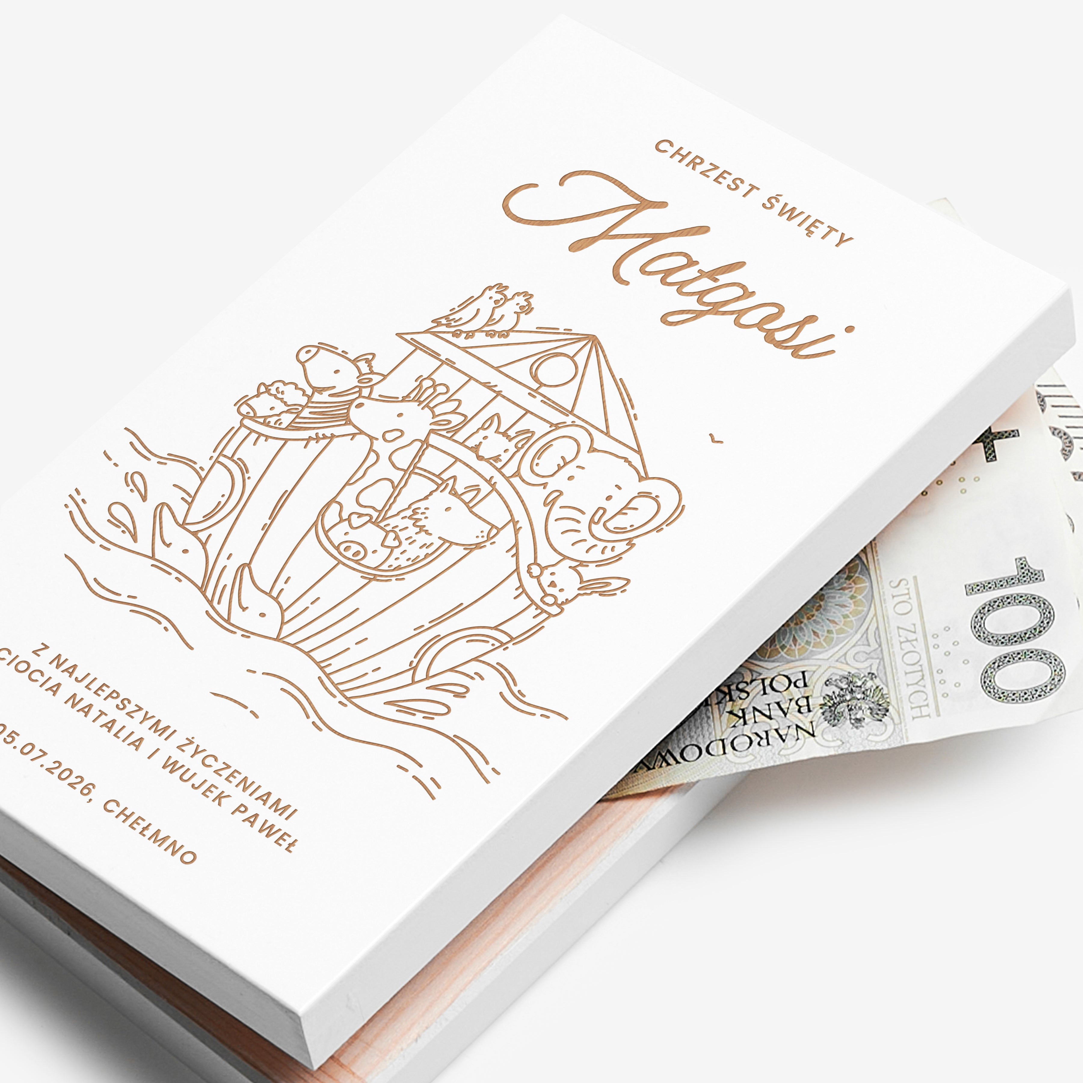 Grawerowane pudełko na pieniądze z okazji Chrztu