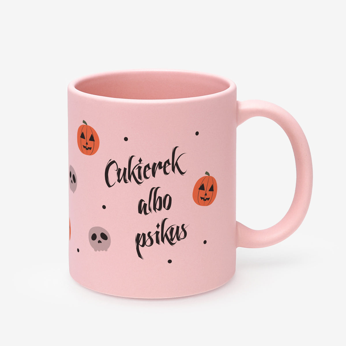 Różowy kubek na halloween - cukierek albo psikus