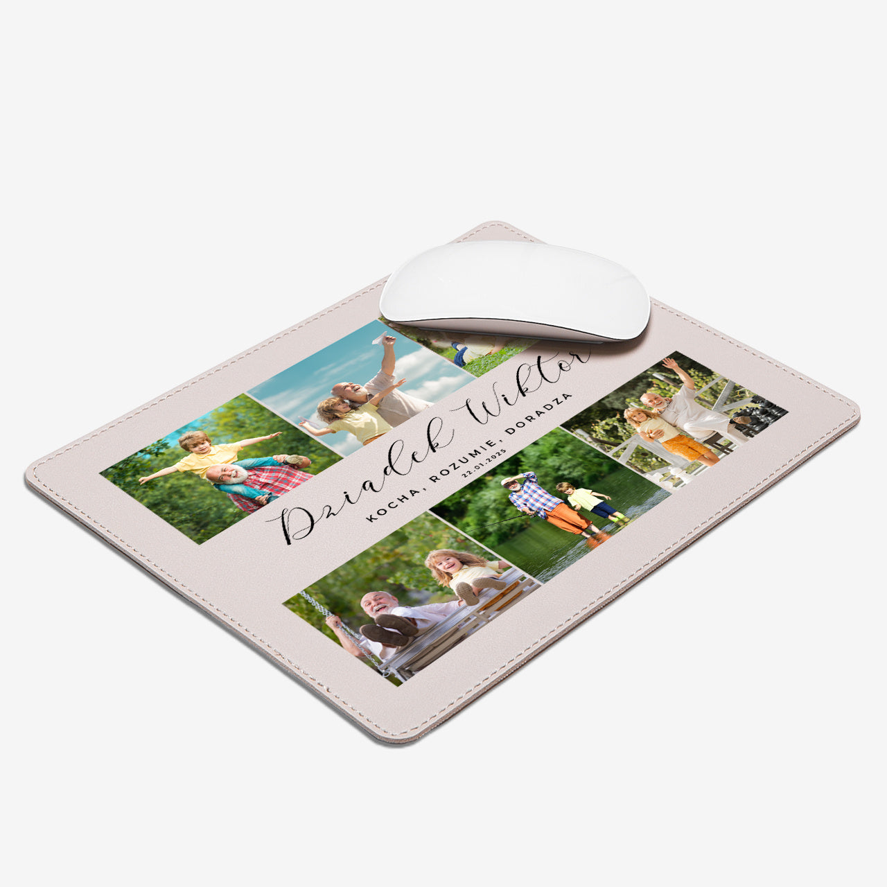 Beżowa podkładka pod mysz z personalizacją - prezent z okazji Dnia Dziadka