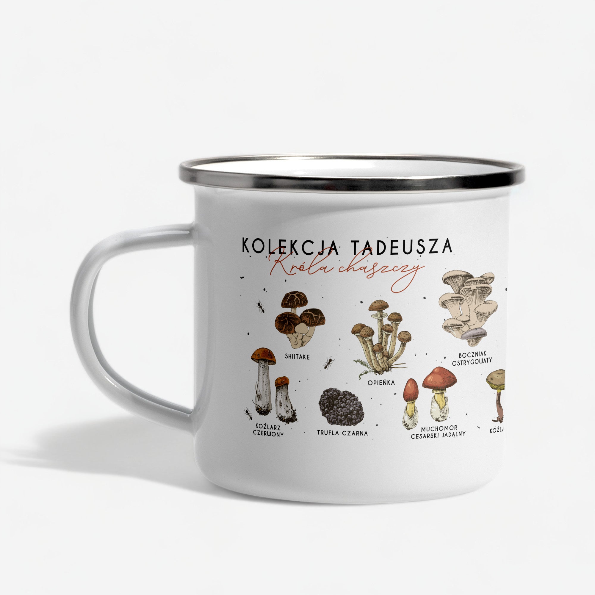 Emaliowany kubek z grzybami - prezent dla grzybiarza kubek z nadrukiem prezent dla niego