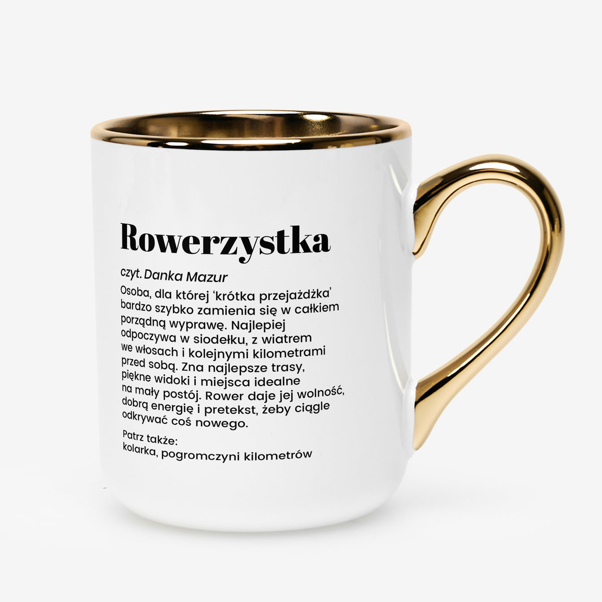 Kubek biało-złoty dla rowerzystki - prezent dla kolarza