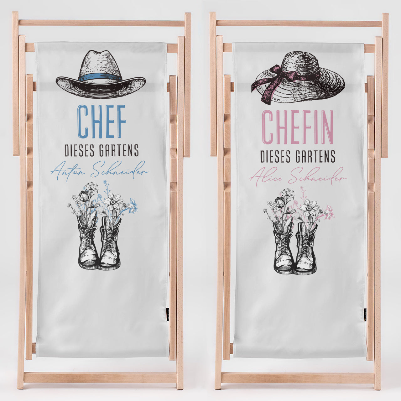 Geschenk für ein Gärtnerpaar - personalisierte Liegestühle Gartenchefs