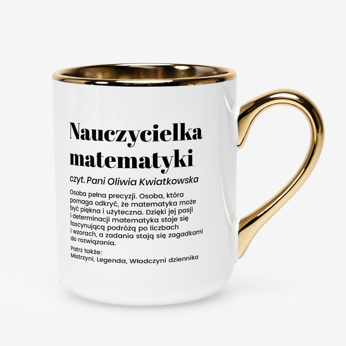 Personalizowany kubek biało-złoty dla nauczycielki matematyki - definicja