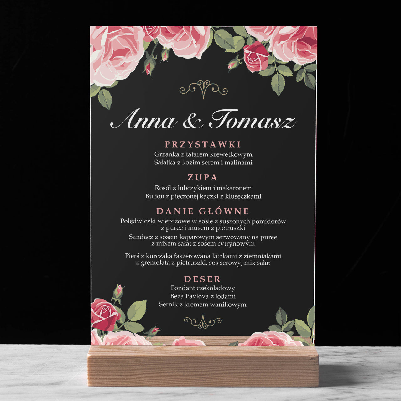 Personalizowane menu weselne na ramce plexi