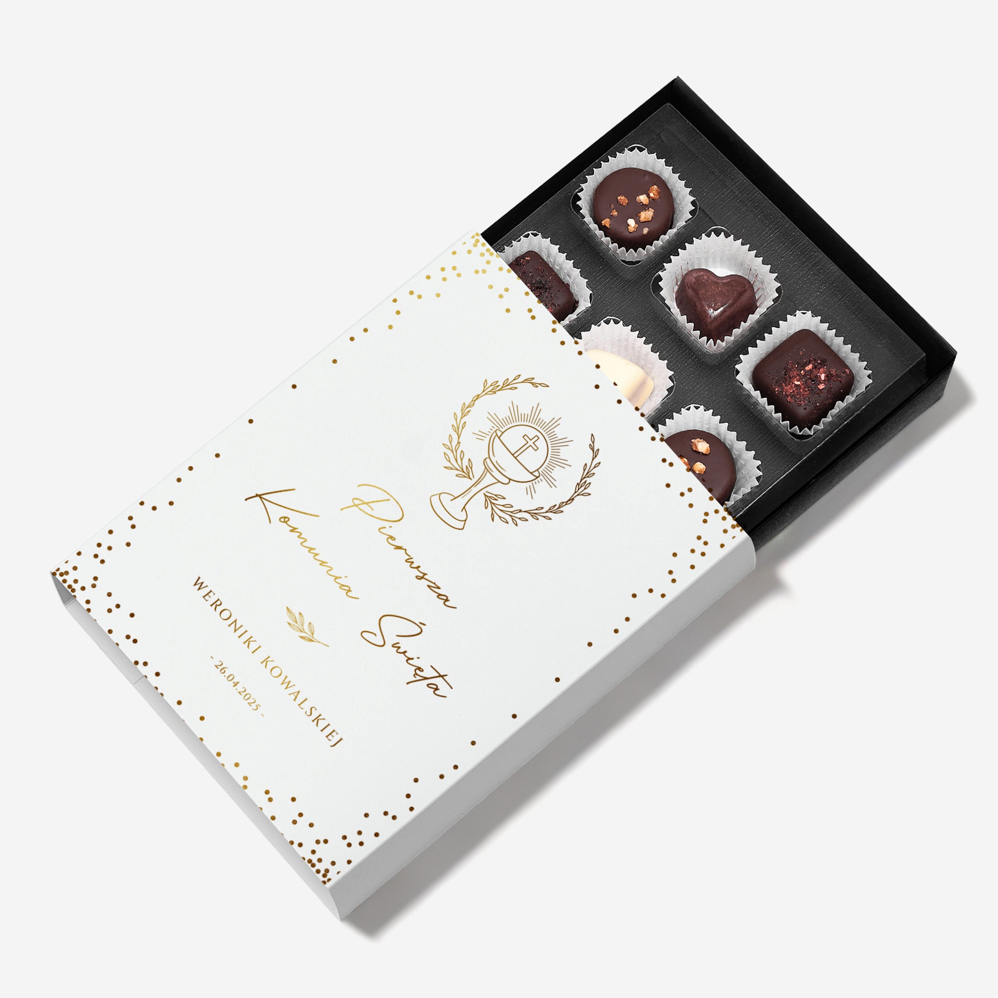 Czekoladki ze złoceniem - dodatek do prezentu na Komunię czekoladki personalizowane prezent na komunię praliny personalizowane
