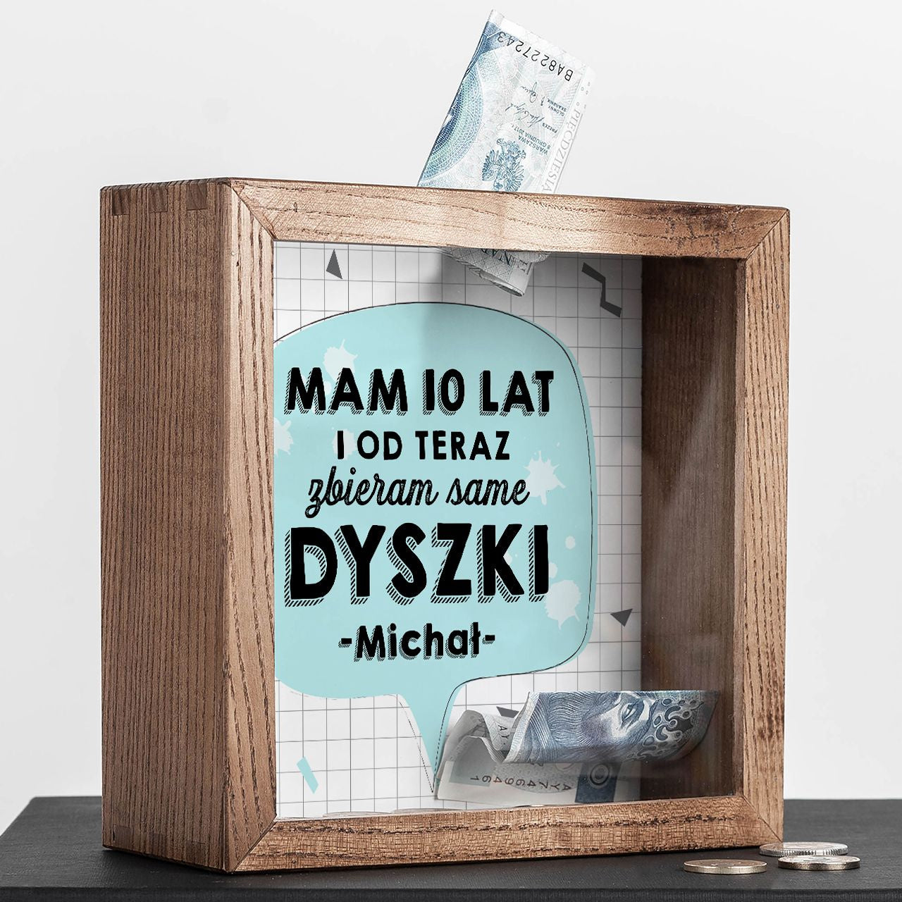 Duża skarbonka dla dziecka Zbieram same dyszki - prezent dla 10-latka