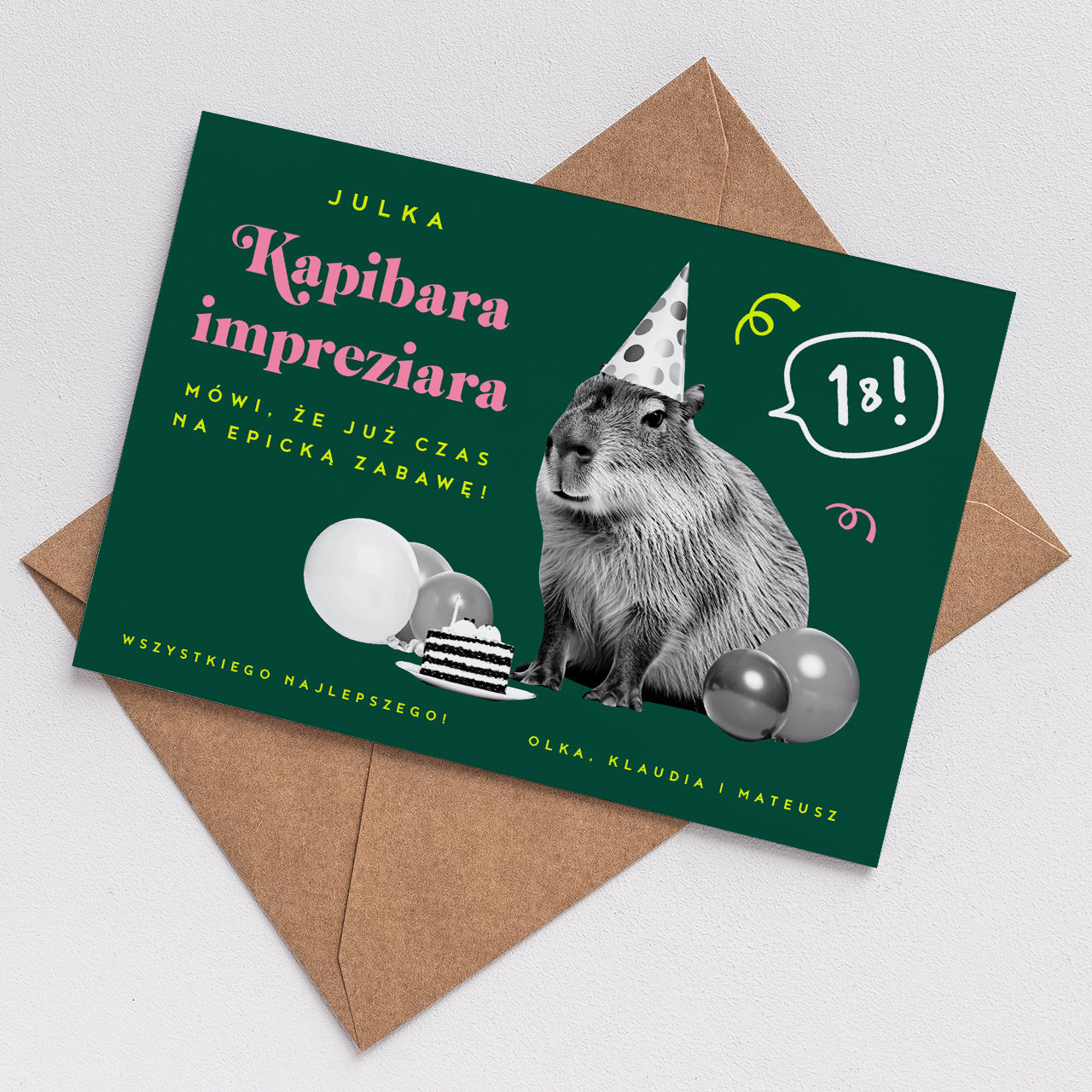 Śmieszna kartka na 18 urodziny - Kapibara Impreziara prezent na 18 urodziny kartka personalizowana