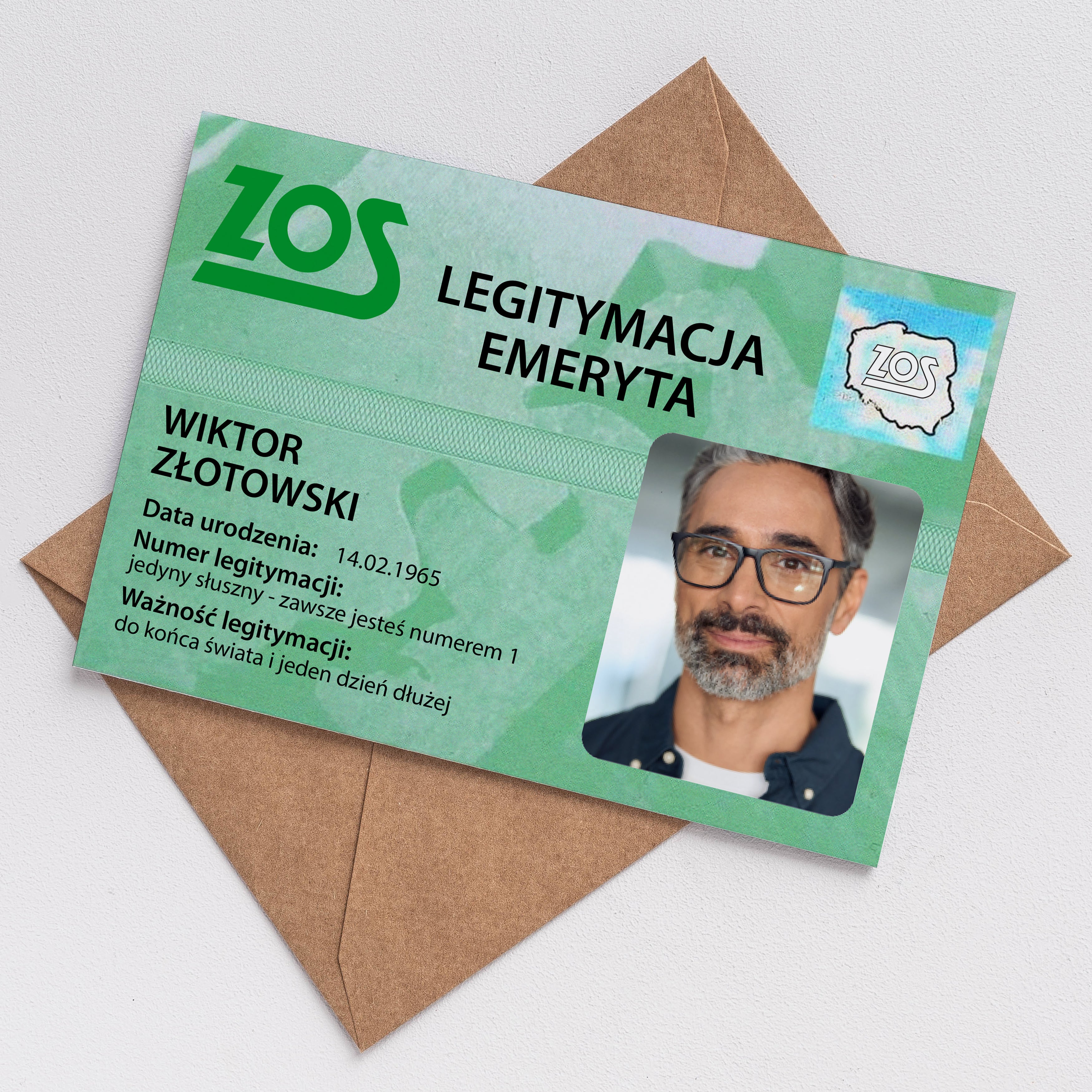 Kartka z okazji przejścia na emeryturę ze zdjęciem – legitymacja prezent dla emeryta kartka dla emeryta