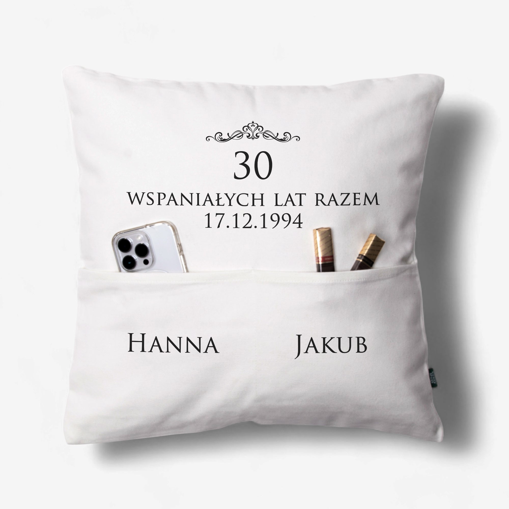 Poduszka z kieszeniami na prezent z okazji rocznicy ślubu